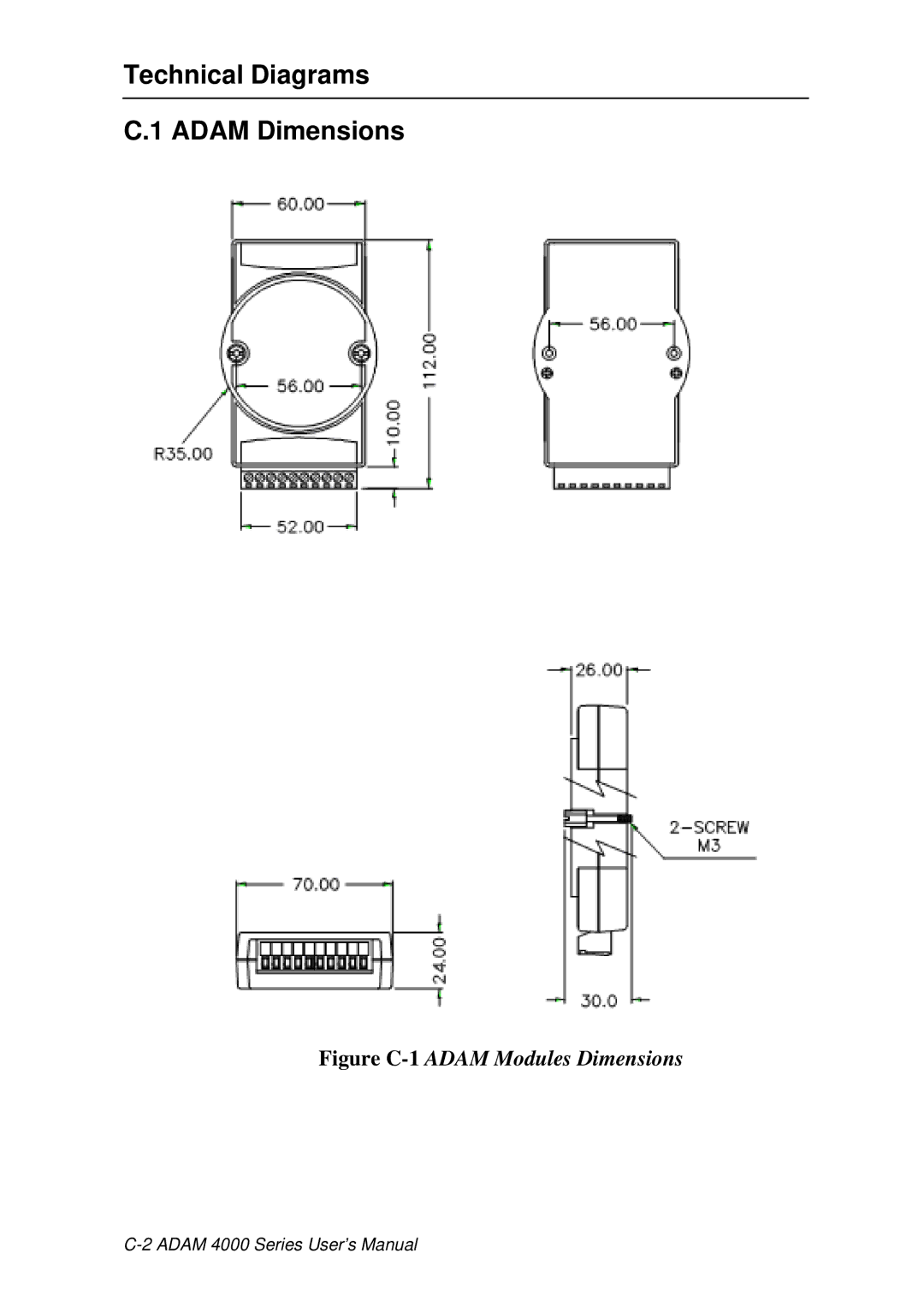 Advantech ADAM 4000 user manual Technical Diagrams Adam Dimensions, Figure C-1ADAM Modules Dimensions 