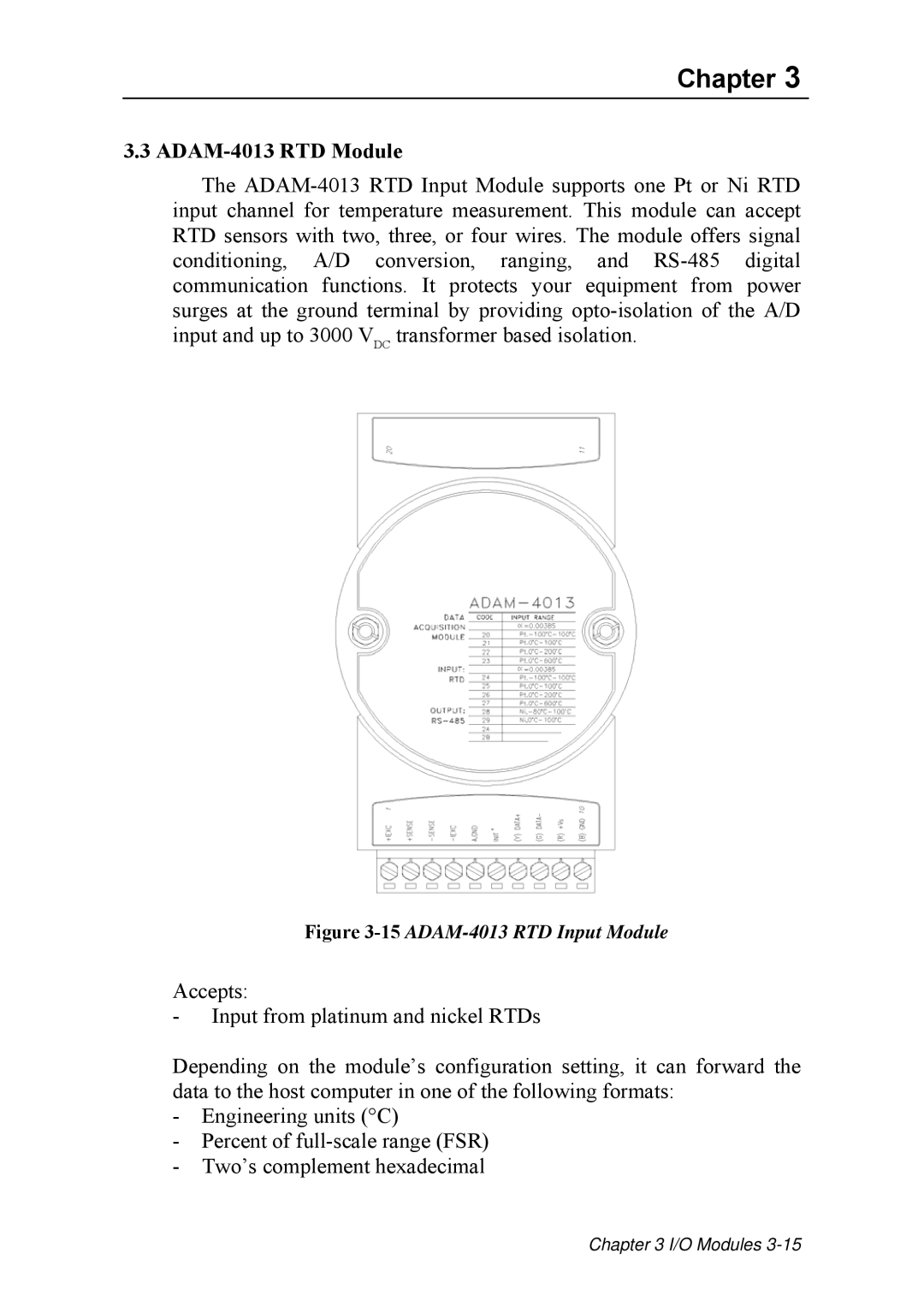 Advantech ADAM 4000 user manual ADAM-4013 RTD Module, 15ADAM-4013 RTD Input Module 