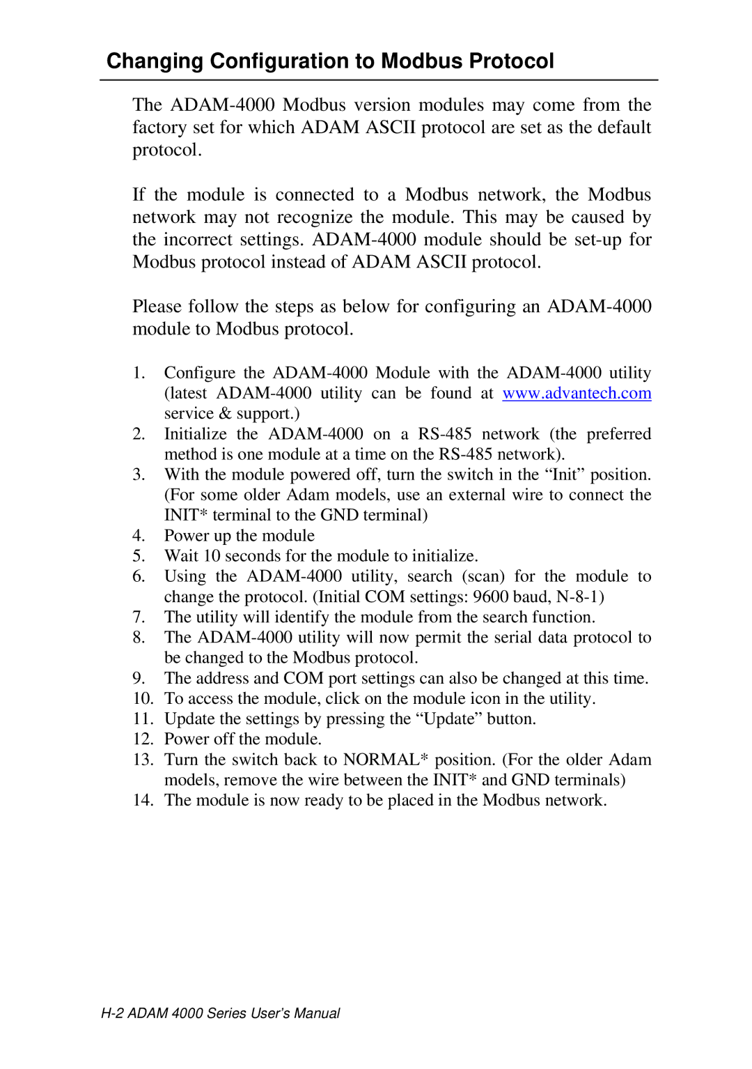 Advantech ADAM 4000 user manual Changing Configuration to Modbus Protocol 