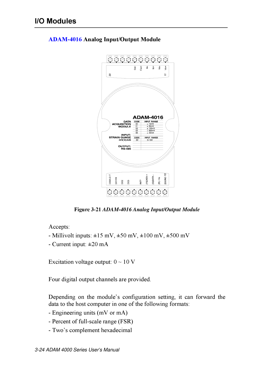 Advantech ADAM 4000 user manual ADAM-4016Analog Input/Output Module, ADAM-4016 Analog Input/Output Module 