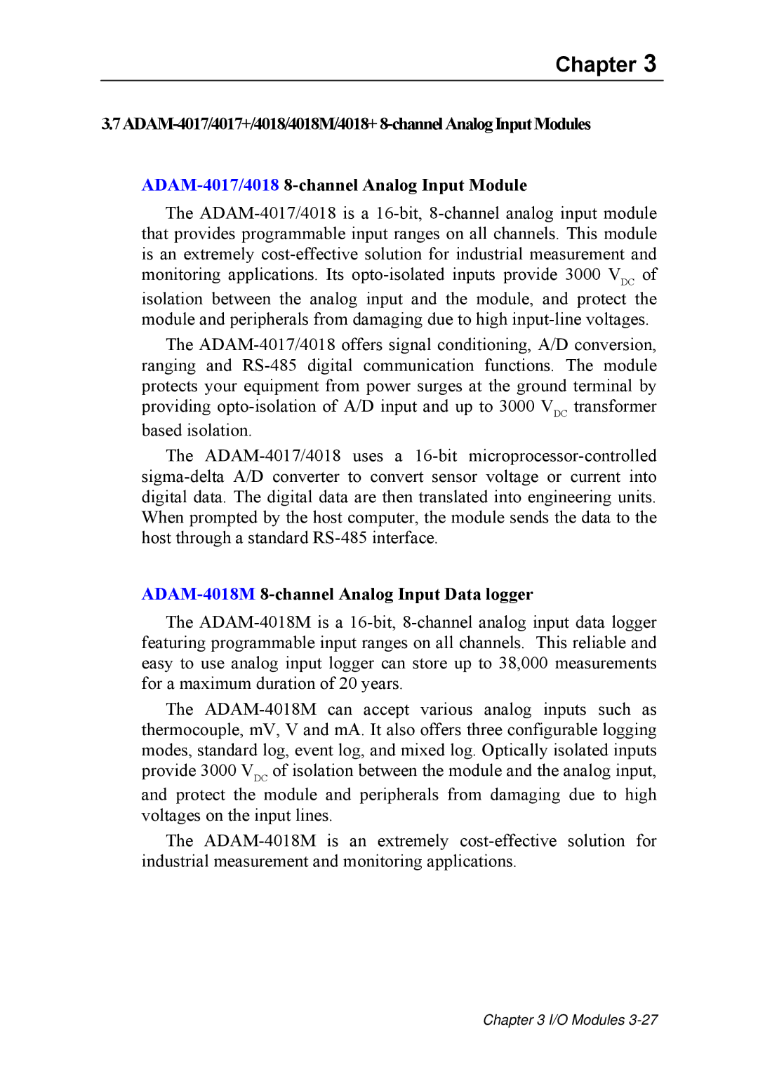 Advantech ADAM 4000 user manual ADAM-4018M8-channel Analog Input Data logger 