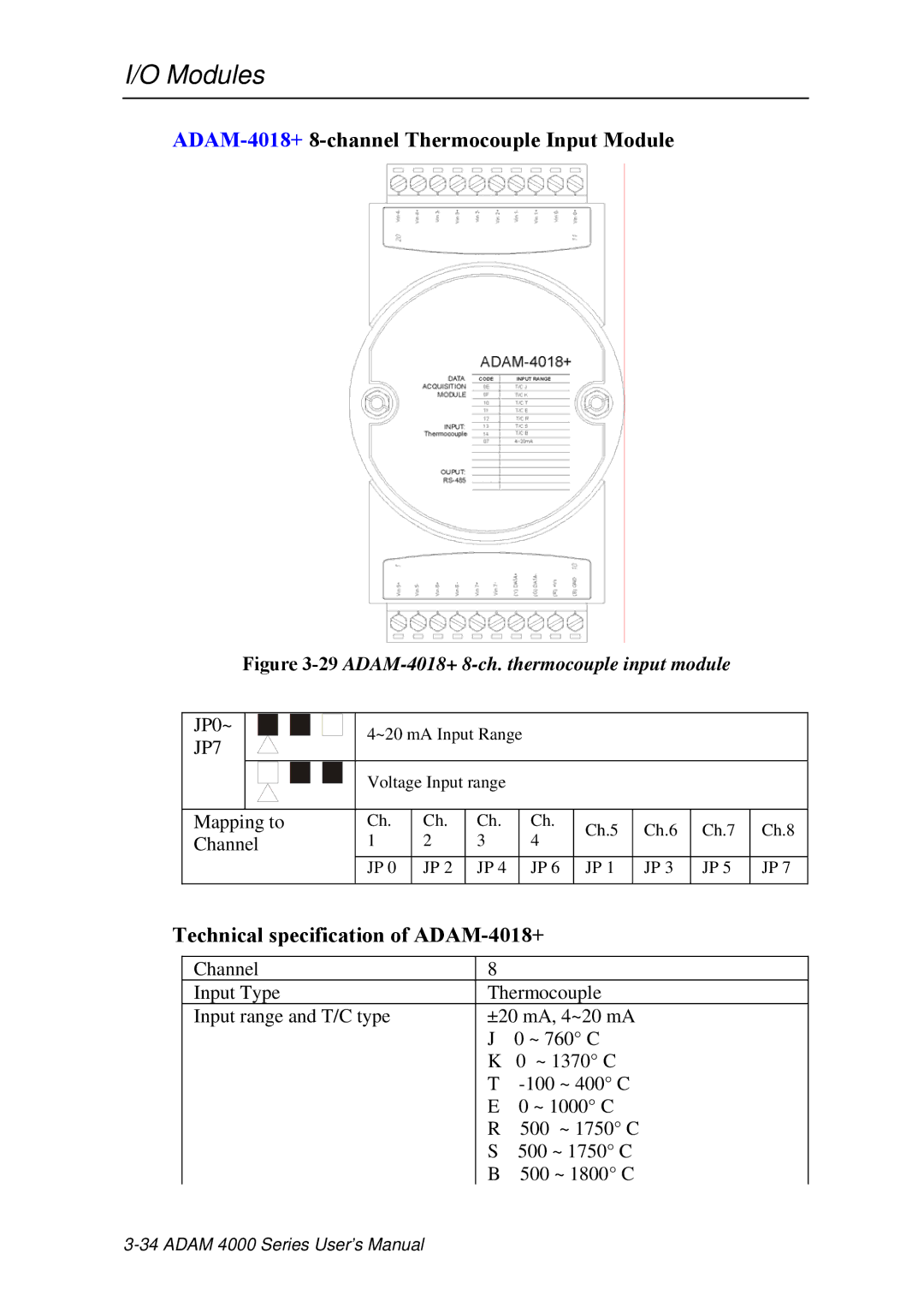 Advantech ADAM 4000 user manual Technical specification of ADAM-4018+, 29ADAM-4018+ 8-ch. thermocouple input module 