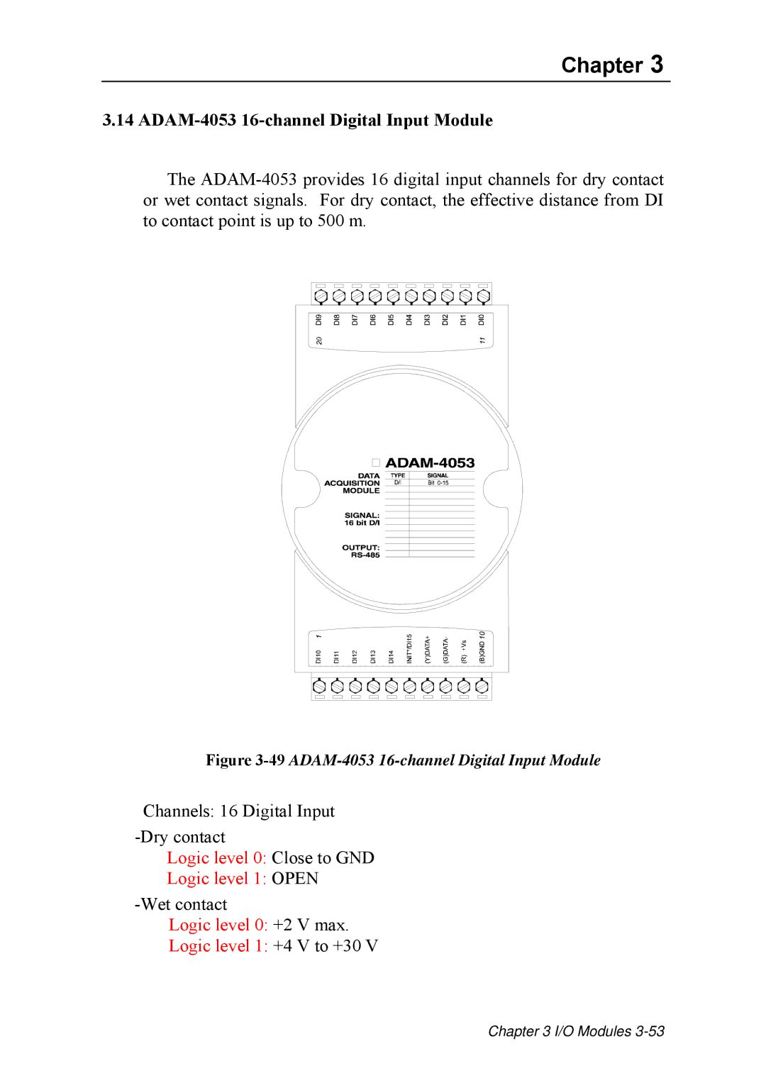 Advantech ADAM 4000 user manual 49ADAM-4053 16-channel Digital Input Module 