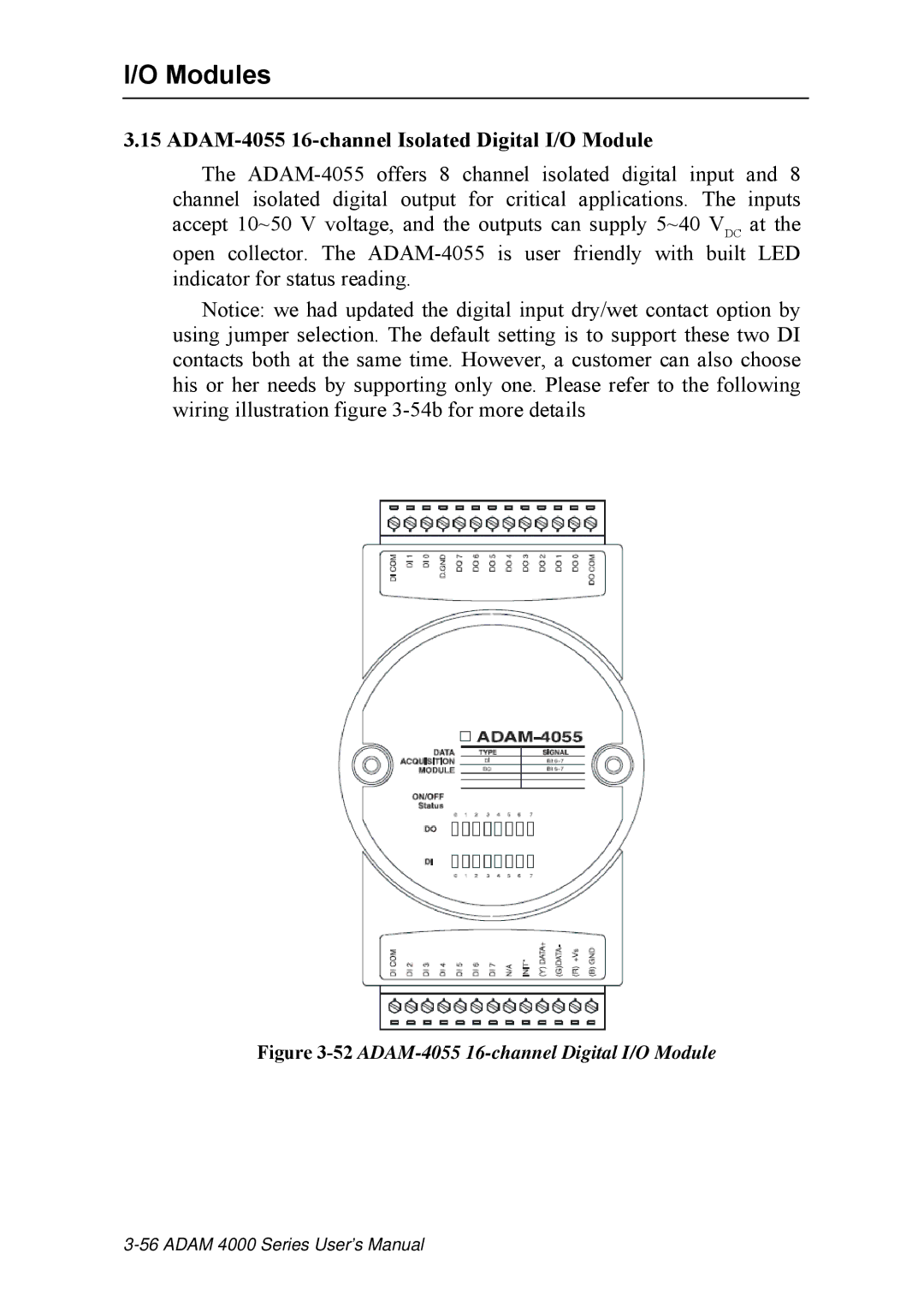 Advantech ADAM 4000 user manual ADAM-4055 16-channel Isolated Digital I/O Module, 52ADAM-4055 16-channel Digital I/O Module 