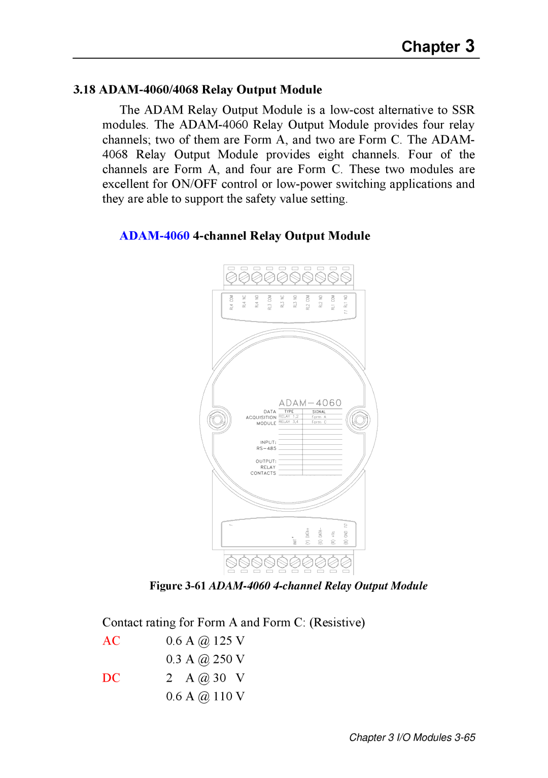 Advantech ADAM 4000 user manual ADAM-4060/4068 Relay Output Module, ADAM-40604-channel Relay Output Module 