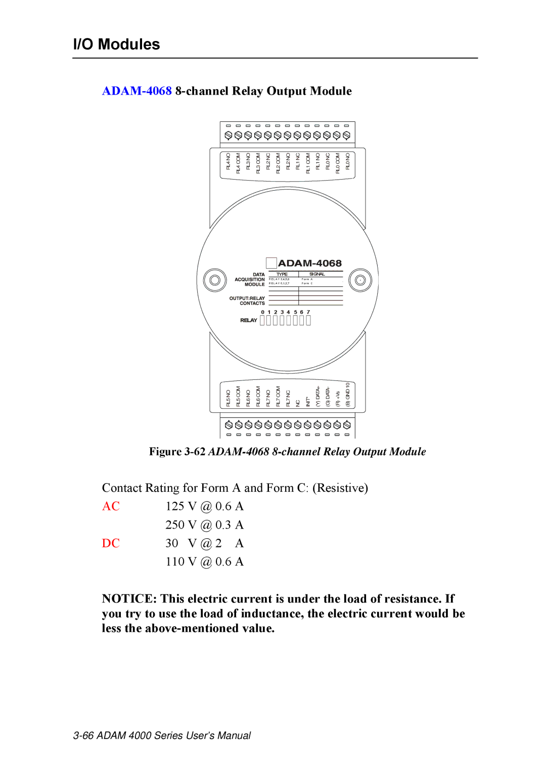 Advantech ADAM 4000 user manual ADAM-40688-channel Relay Output Module, 62ADAM-4068 8-channel Relay Output Module 