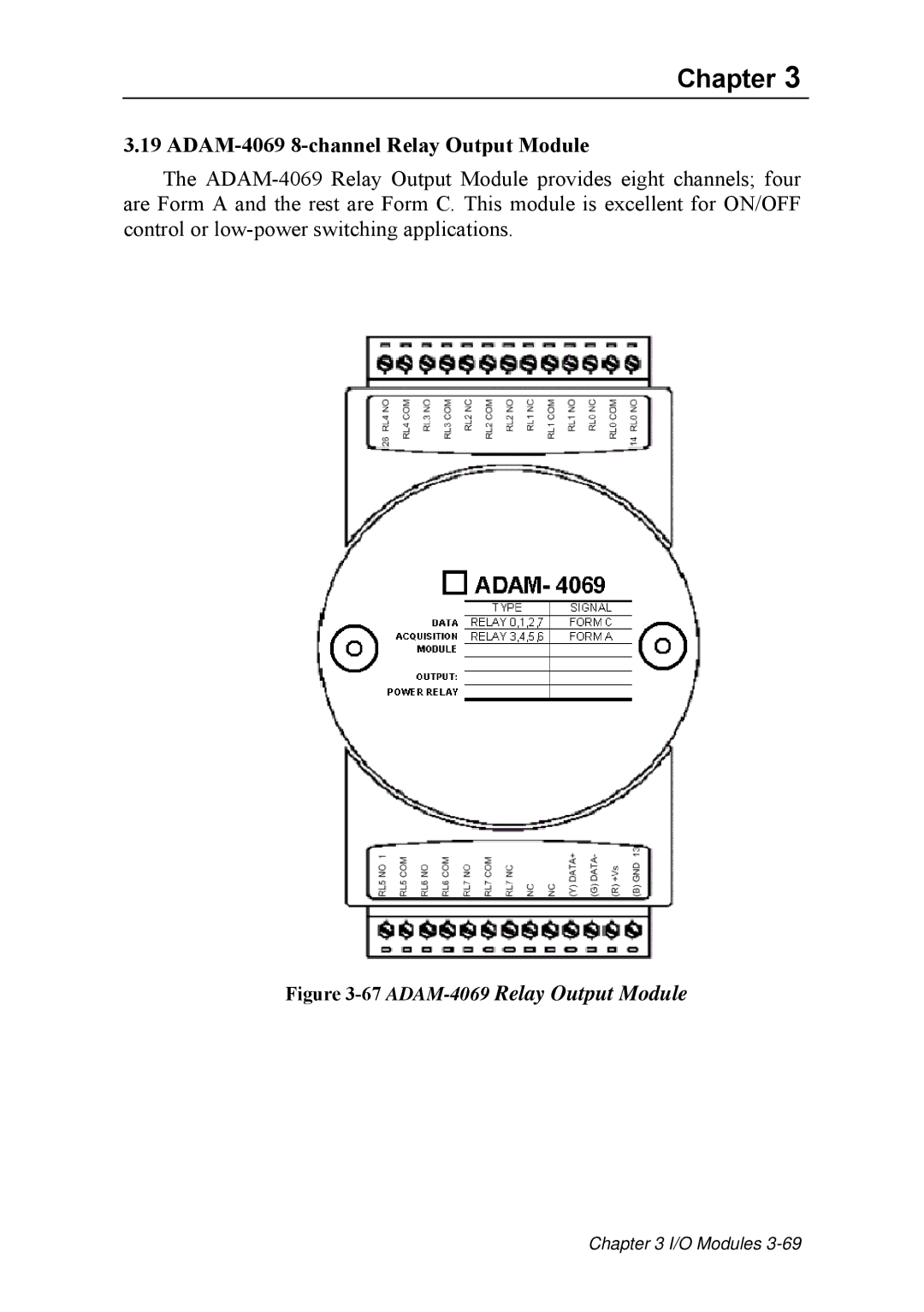 Advantech ADAM 4000 user manual ADAM-4069 8-channel Relay Output Module, 67ADAM-4069Relay Output Module 