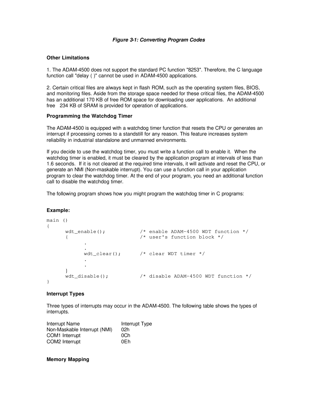 Advantech ADAM-4500 user manual Other Limitations, Programming the Watchdog Timer, Example, Interrupt Types, Memory Mapping 