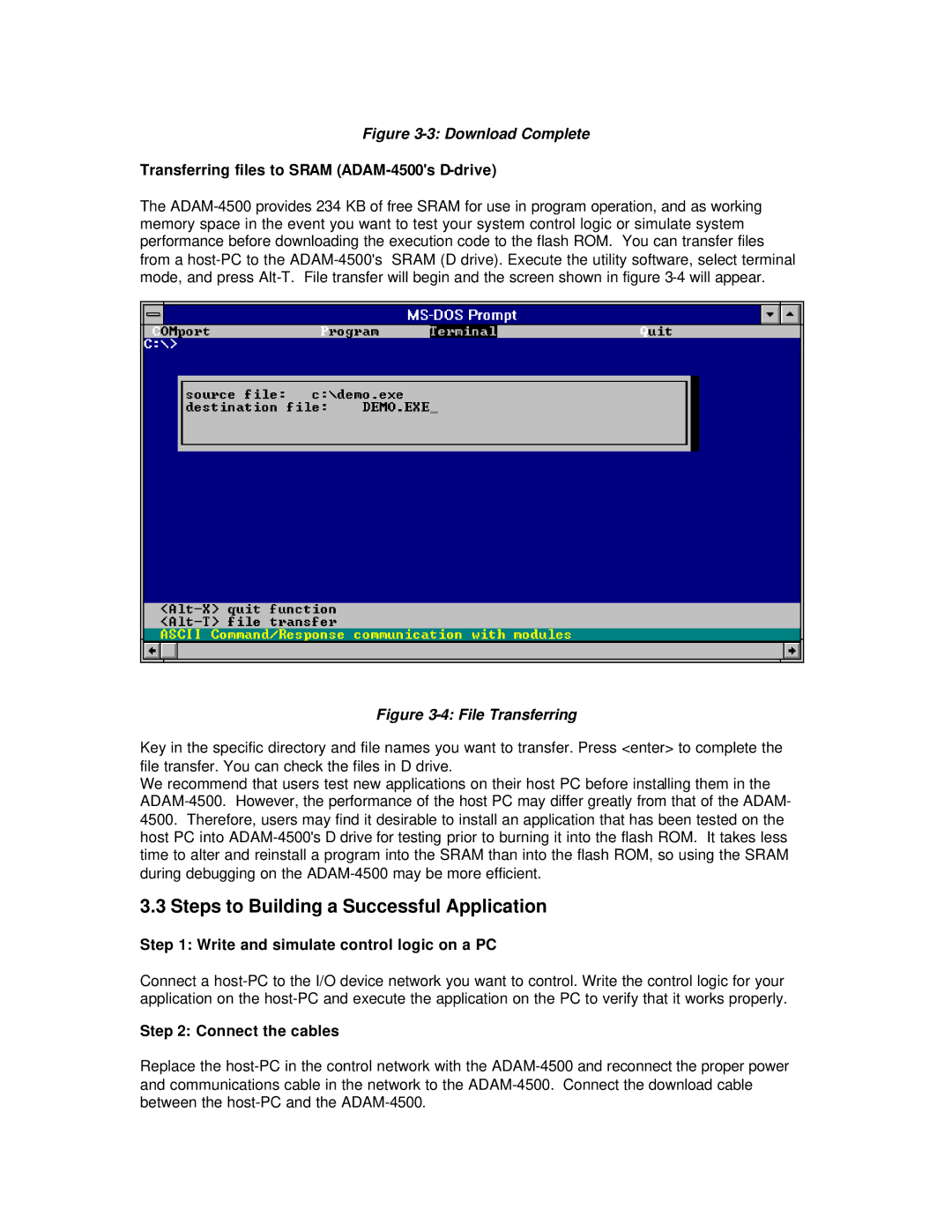 Advantech Transferring files to Sram ADAM-4500s D-drive, Write and simulate control logic on a PC, Connect the cables 