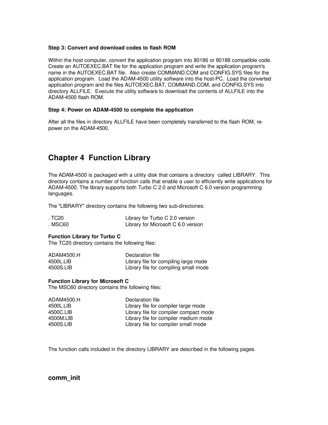 Advantech ADAM-4500 user manual Comminit, Function Library for Turbo C, Function Library for Microsoft C 