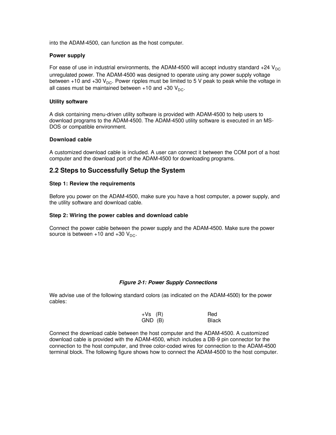 Advantech ADAM-4500 user manual Power supply, Utility software, Download cable, Review the requirements 