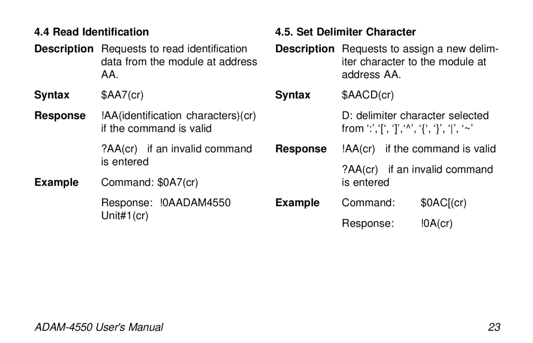 Advantech ADAM-4550 user manual Read Identification, Set Delimiter Character 