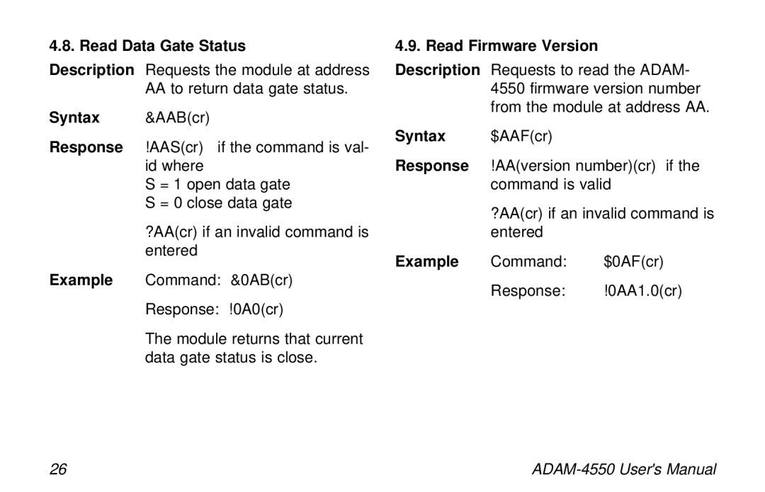 Advantech ADAM-4550 user manual Read Data Gate Status Description, Response, Example, Read Firmware Version 