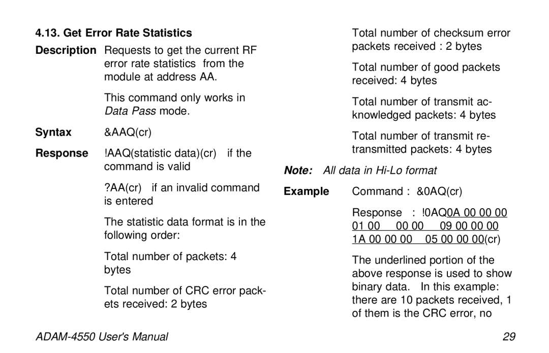 Advantech ADAM-4550 user manual Get Error Rate Statistics, Data Pass mode 
