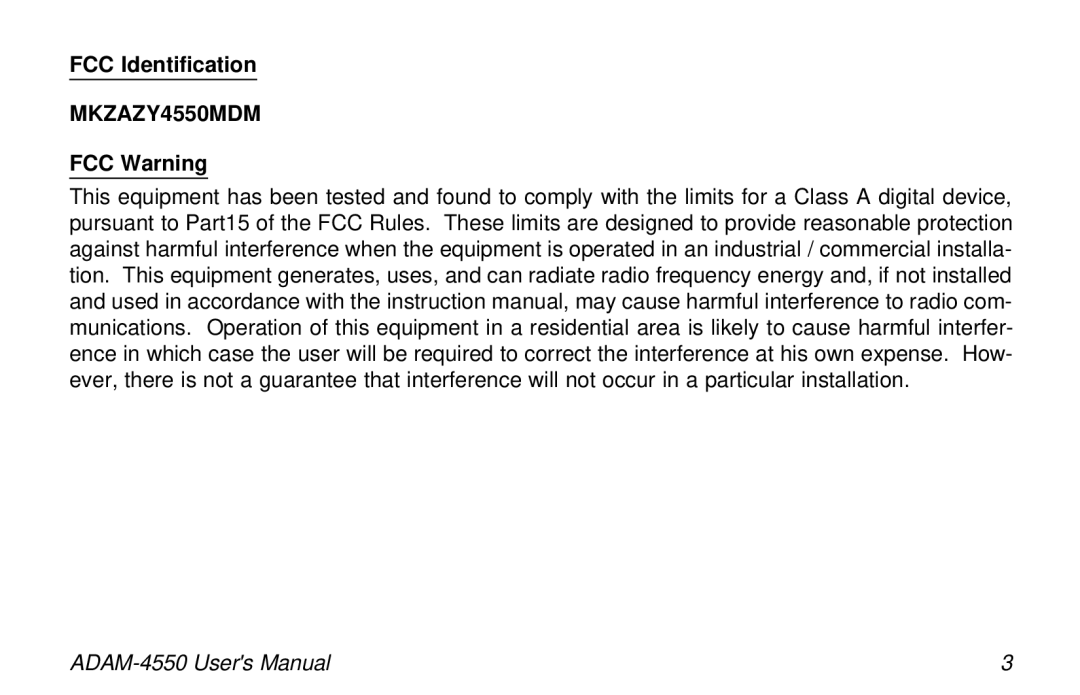 Advantech ADAM-4550 user manual FCC Identification, FCC Warning 