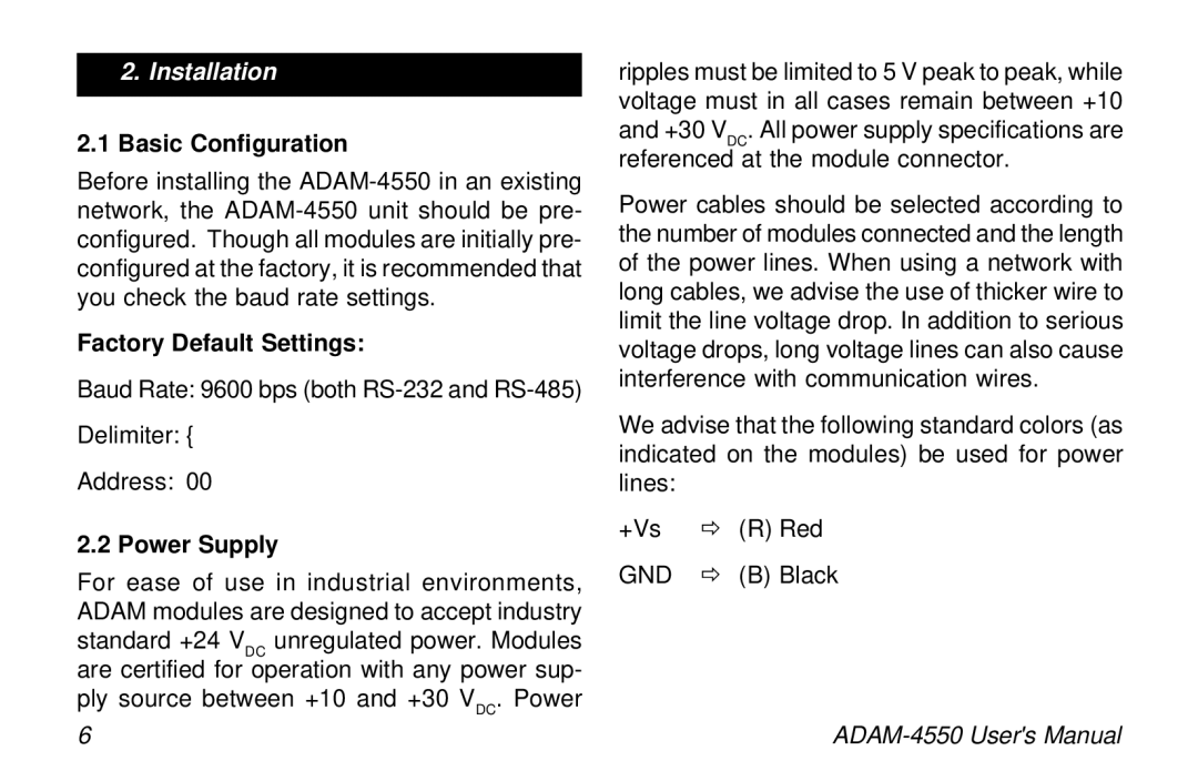 Advantech ADAM-4550 user manual Installation, Basic Configuration, Factory Default Settings, Power Supply 