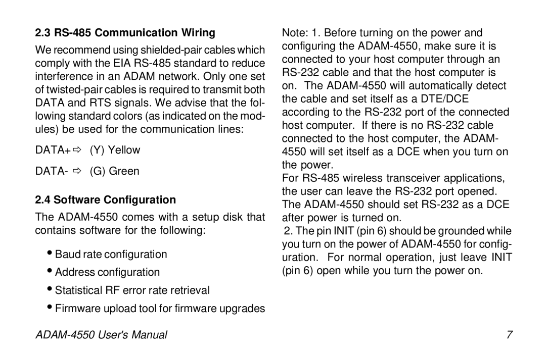 Advantech ADAM-4550 user manual RS-485 Communication Wiring, Software Configuration 