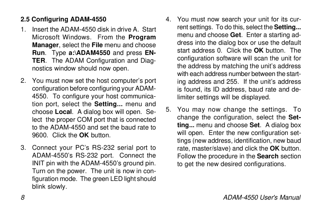 Advantech user manual Configuring ADAM-4550 