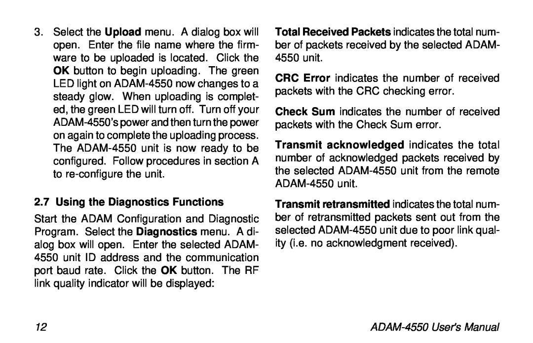 Advantech ADAM-4550 user manual Using the Diagnostics Functions 