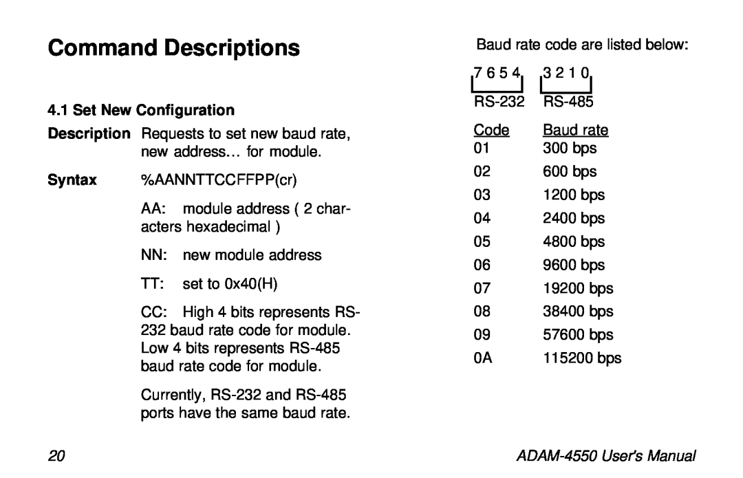 Advantech ADAM-4550 user manual Command Descriptions, Set New Configuration 