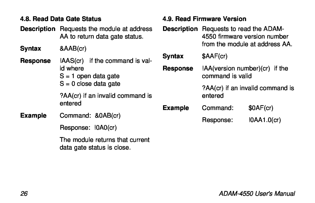 Advantech ADAM-4550 user manual AA to return data gate status 