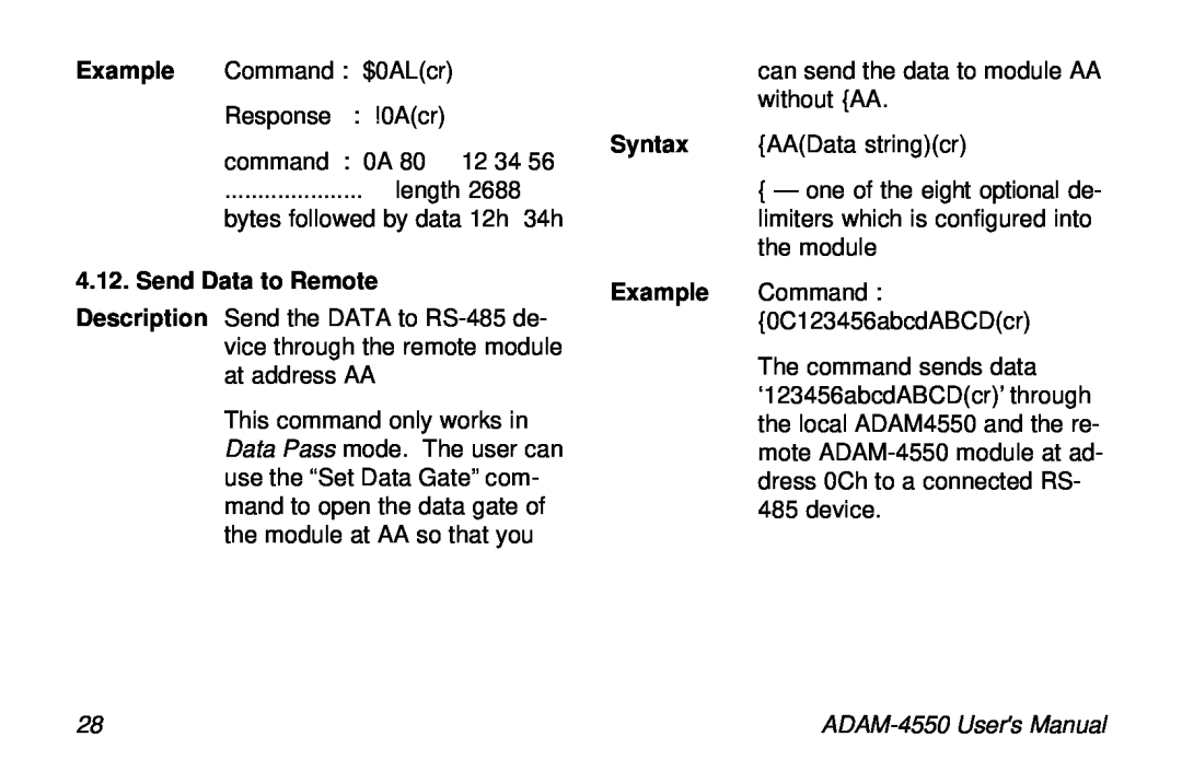 Advantech ADAM-4550 user manual bytes followed by data 12h 34h, Description 