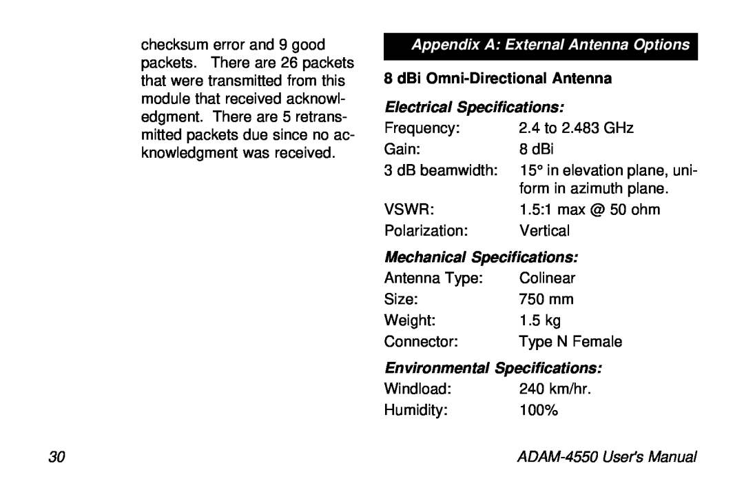 Advantech ADAM-4550 user manual Appendix A External Antenna Options, Electrical Specifications, Mechanical Specifications 