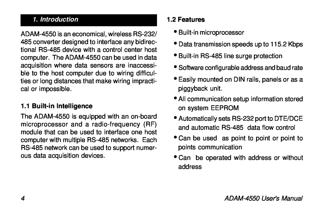 Advantech ADAM-4550 user manual Introduction, Built-in Intelligence, Features 