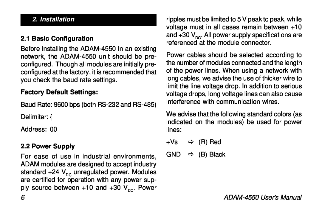 Advantech user manual Installation, Basic Configuration, Factory Default Settings, Power Supply, ADAM-4550 Users Manual 