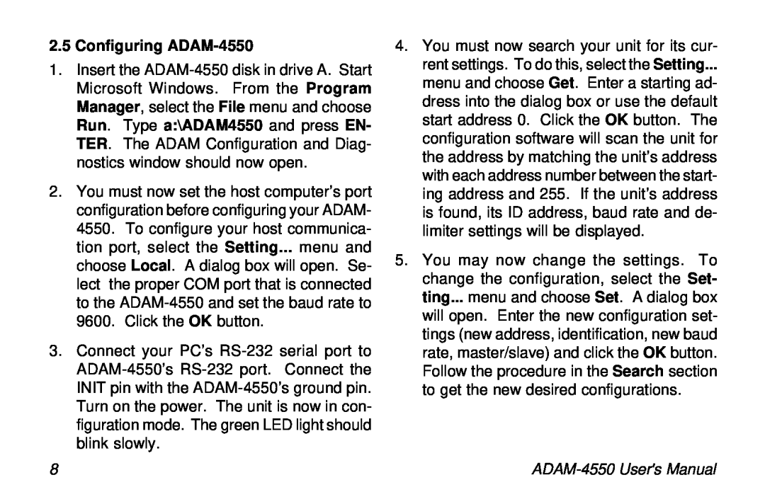 Advantech user manual Configuring ADAM-4550 