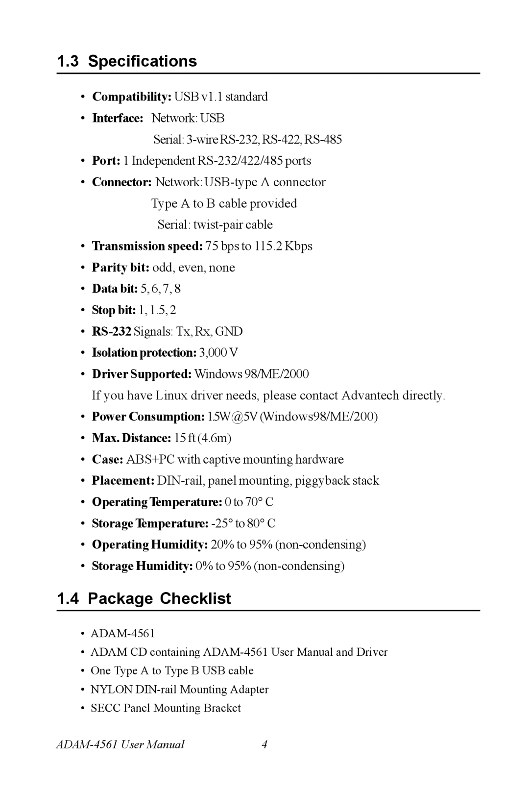 Advantech ADAM-4561 Specifications, Package Checklist, Transmission speed 75 bps to 115.2 Kbps, Max. Distance 15 ft 4.6m 