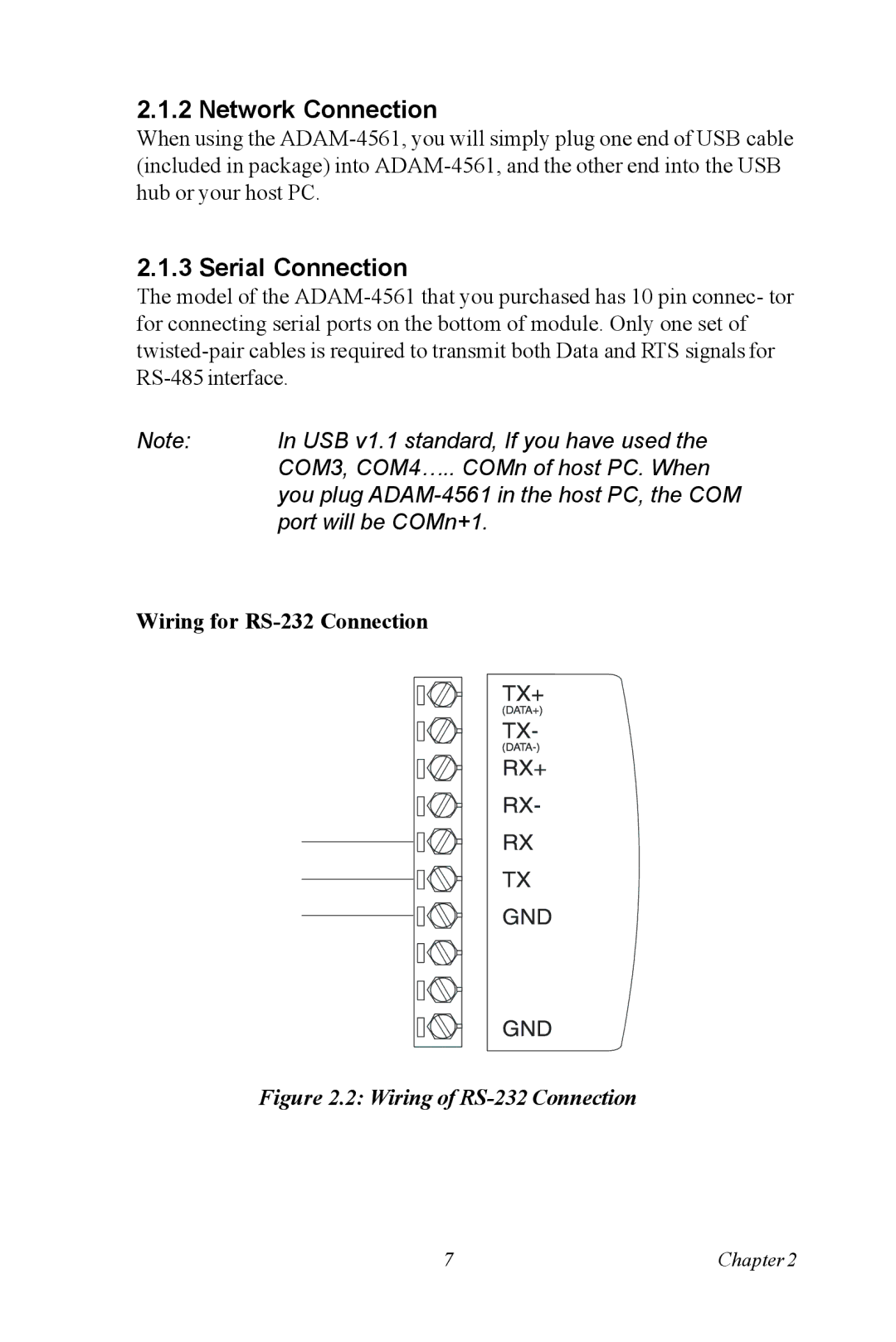 Advantech ADAM-4561 user manual Network Connection, Serial Connection, Wiring for RS-232 Connection 