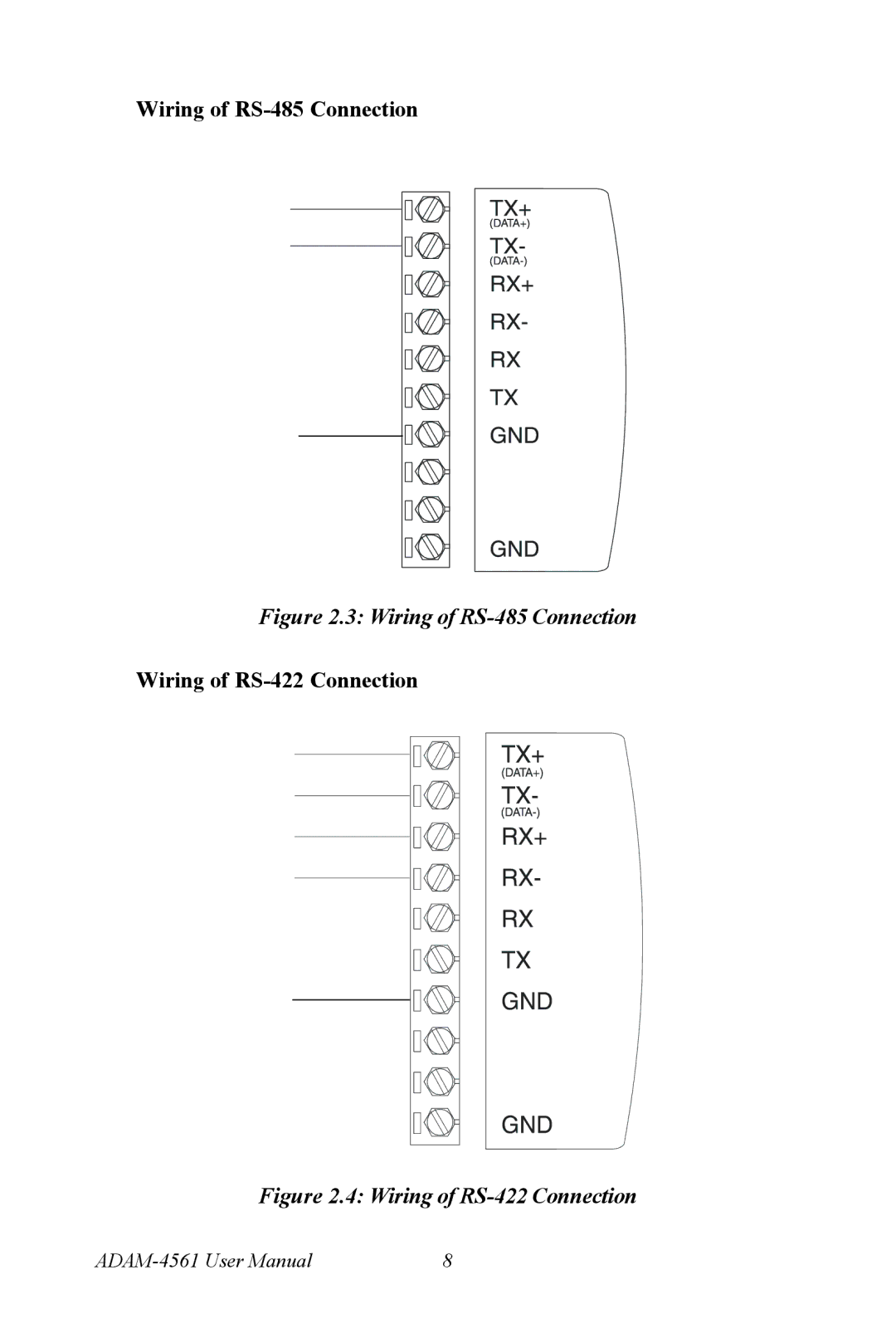 Advantech ADAM-4561 user manual Wiring of RS-485 Connection, Wiring of RS-422 Connection 