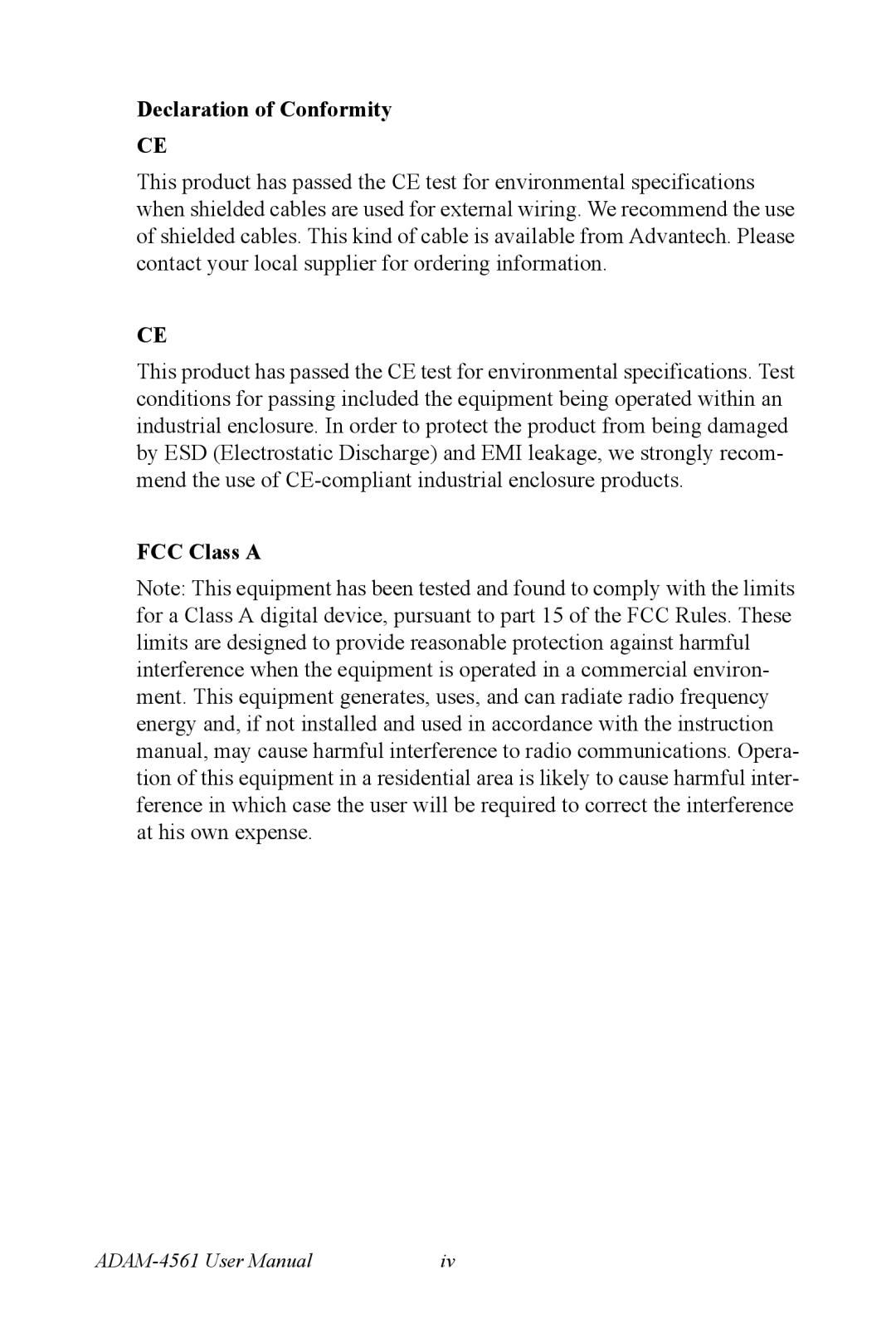 Advantech ADAM-4561 user manual Declaration of Conformity, FCC Class a 