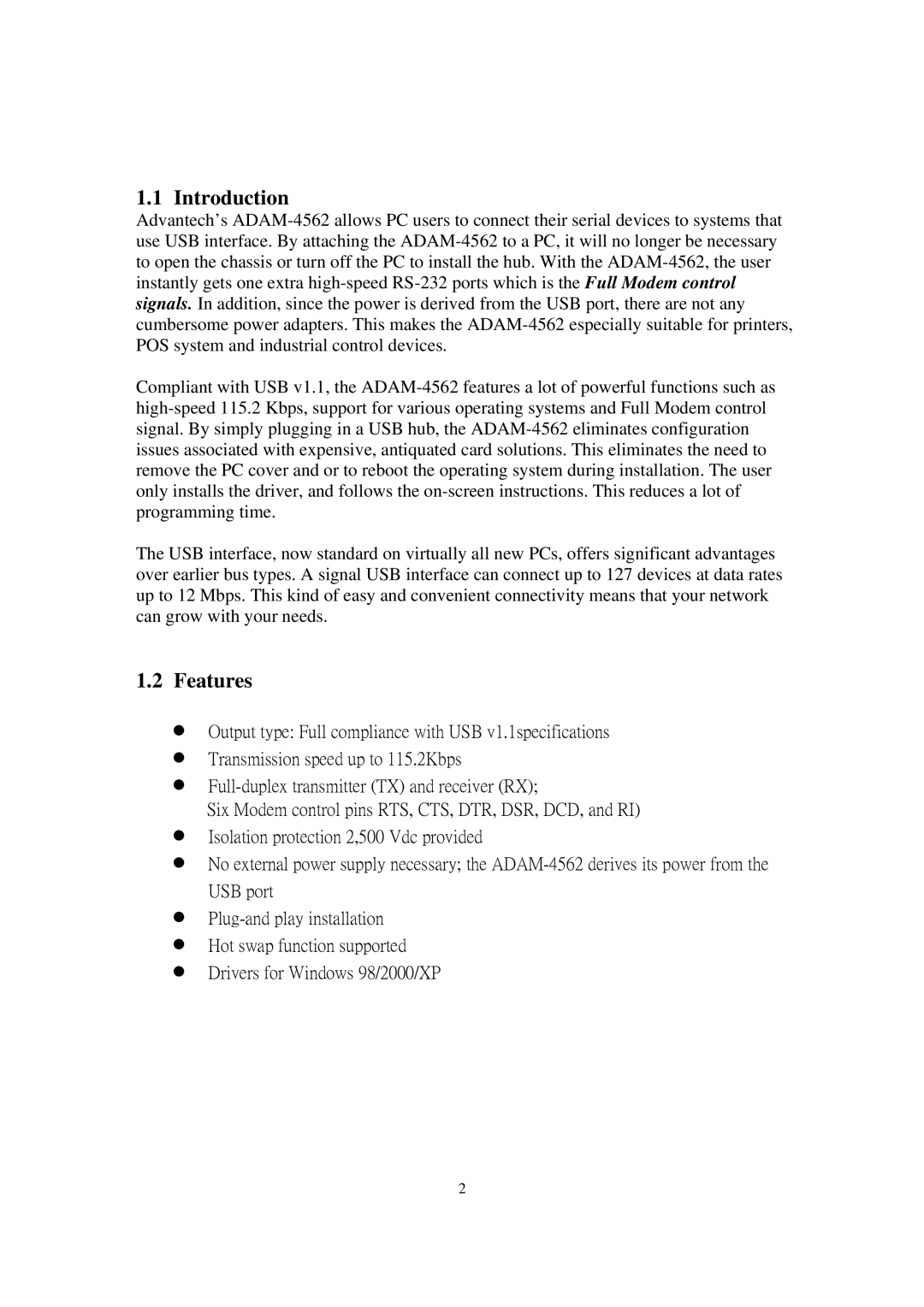 Advantech ADAM-4562 user manual Introduction, Features 