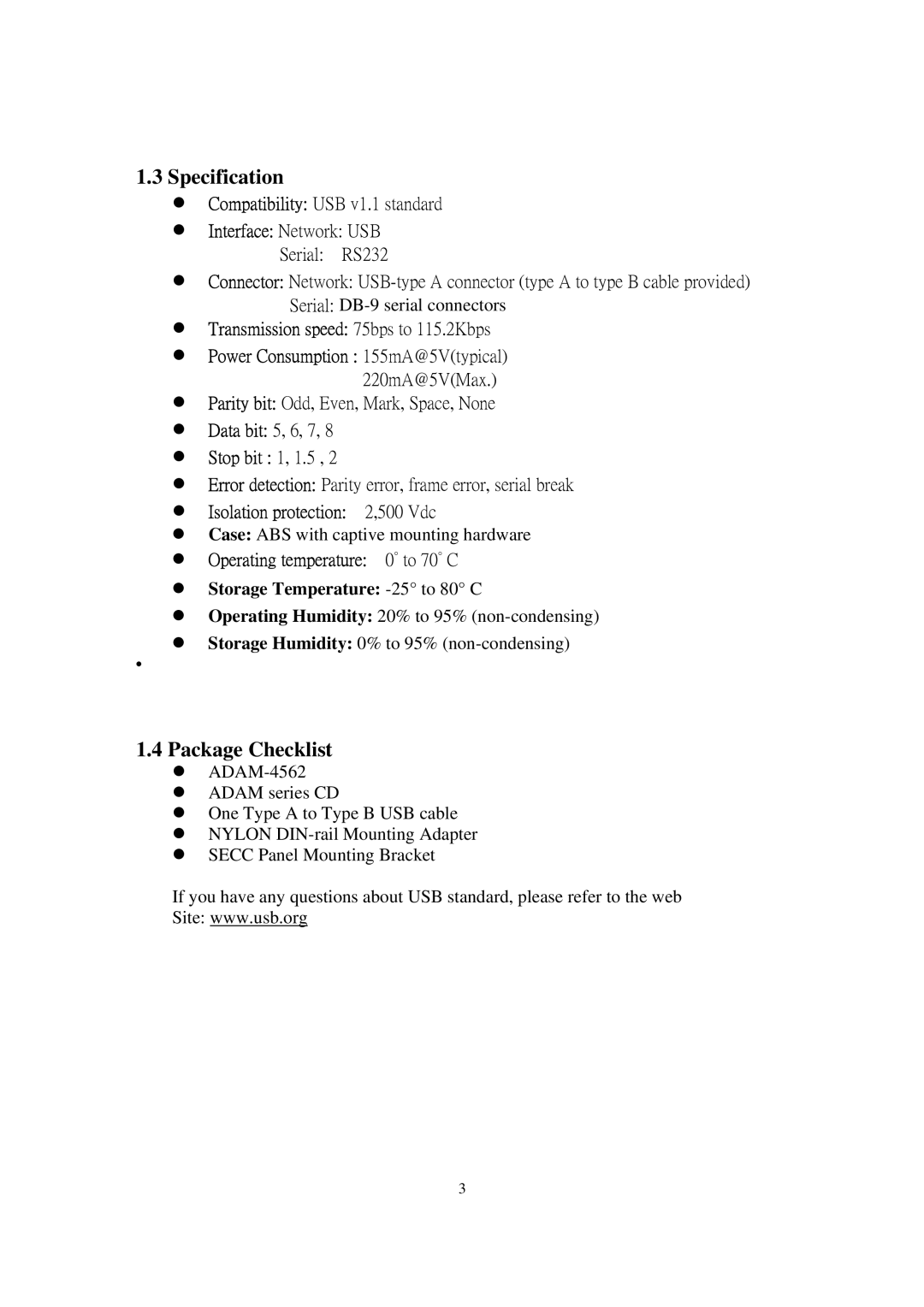 Advantech ADAM-4562 user manual Specification, Package Checklist 