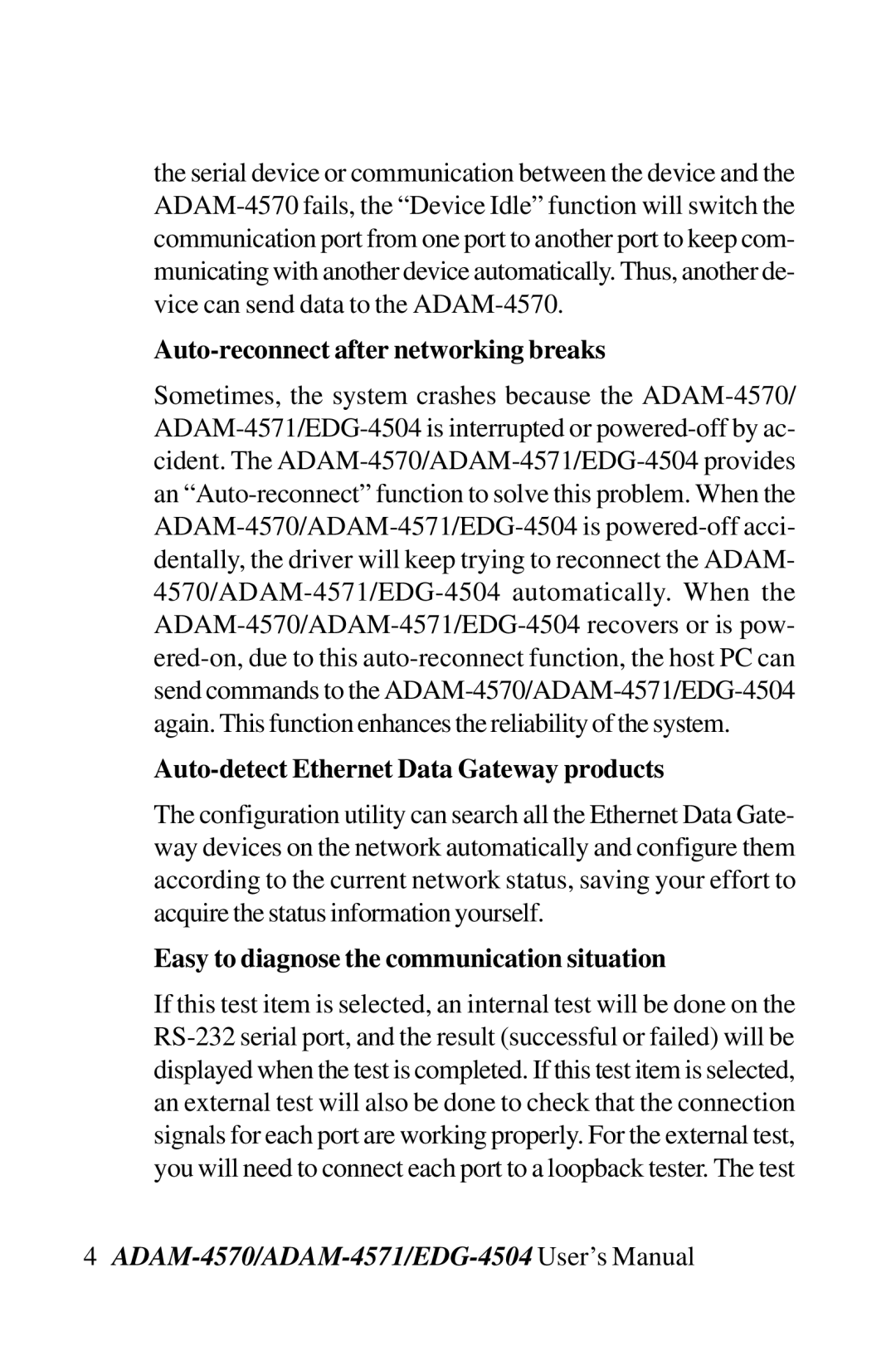 Advantech EDG-4504, ADAM-4571, ADAM-4570 Auto-reconnect after networking breaks, Auto-detect Ethernet Data Gateway products 