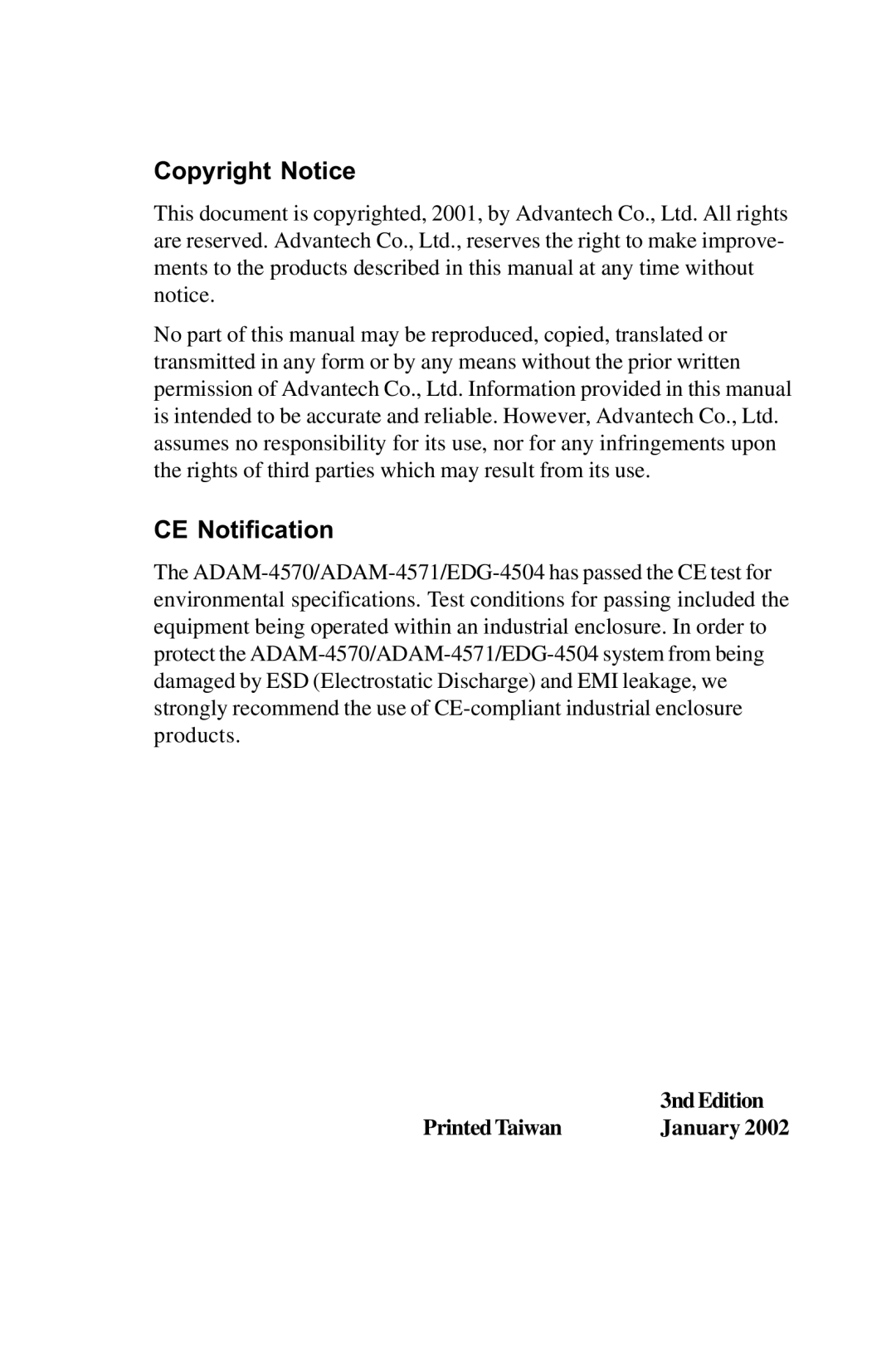 Advantech EDG-4504, ADAM-4571, ADAM-4570 user manual Copyright Notice CE Notification 