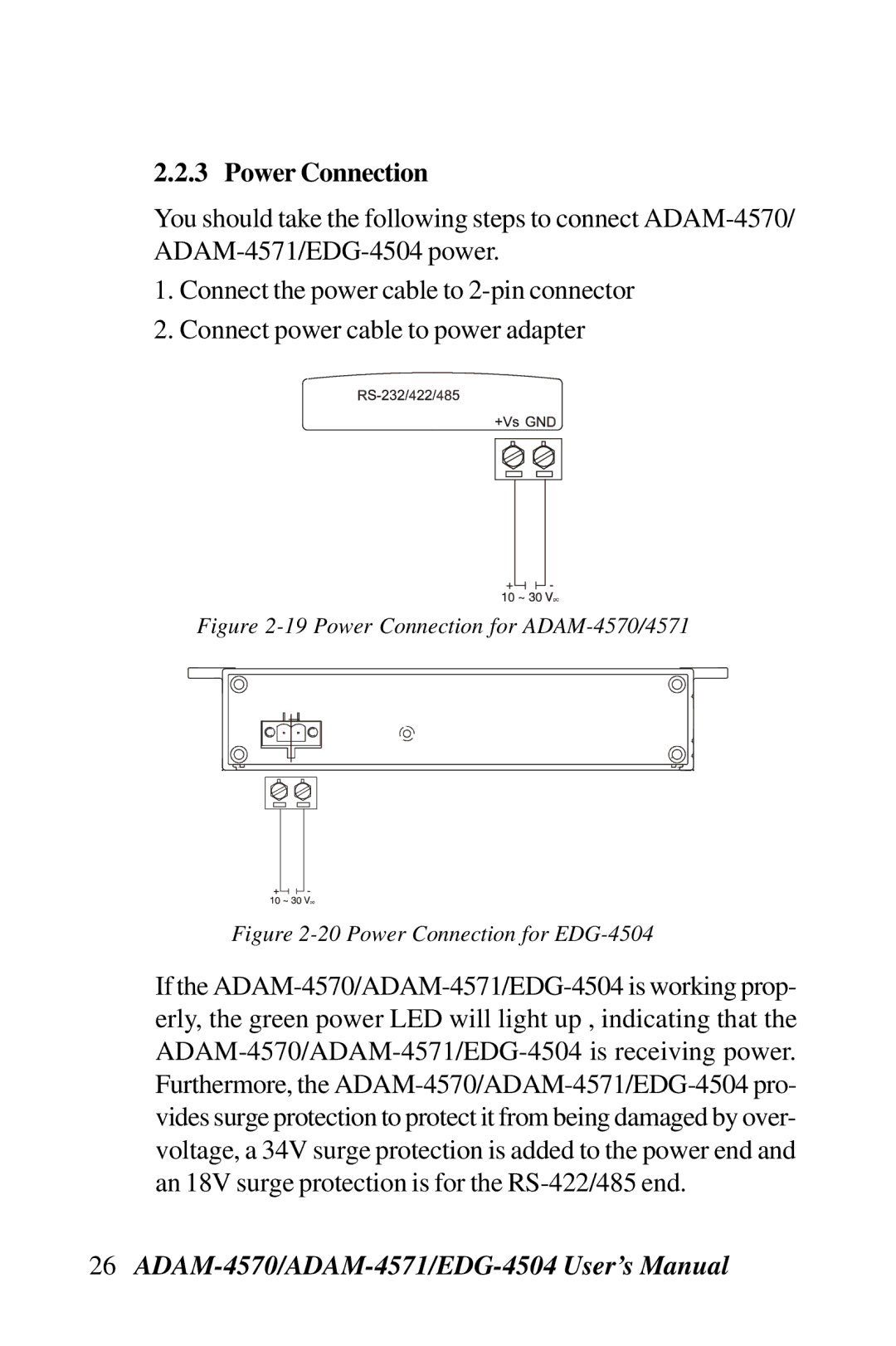 Advantech ADAM-4571, EDG-4504 user manual Power Connection for ADAM-4570/4571 