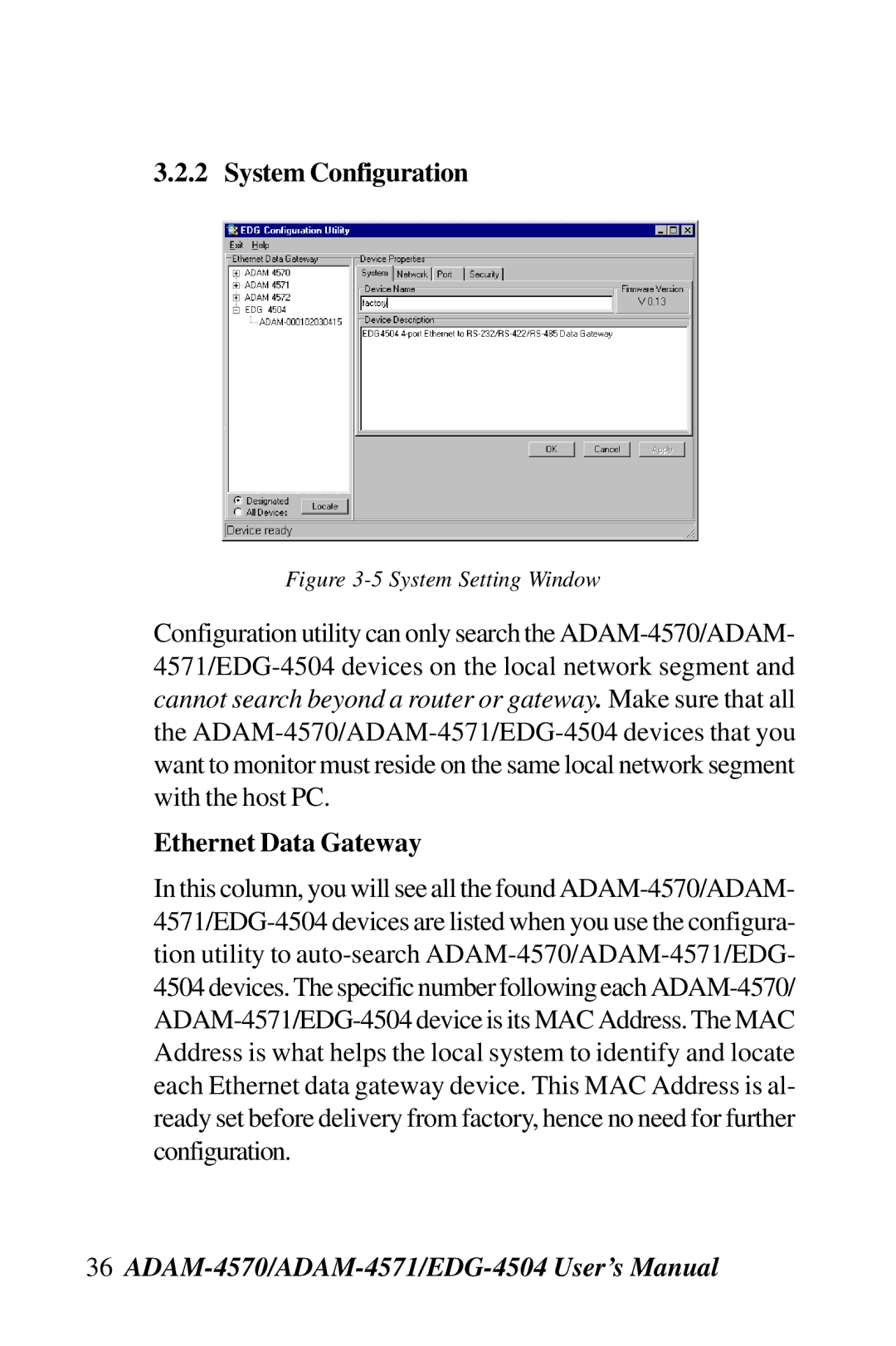 Advantech ADAM-4570, ADAM-4571, EDG-4504 user manual System Configuration, Ethernet Data Gateway 