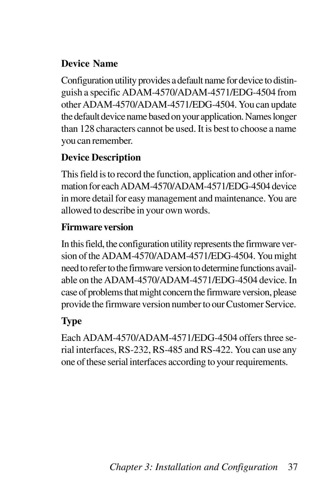 Advantech EDG-4504, ADAM-4571, ADAM-4570 user manual Device Name, Device Description, Firmware version, Type 