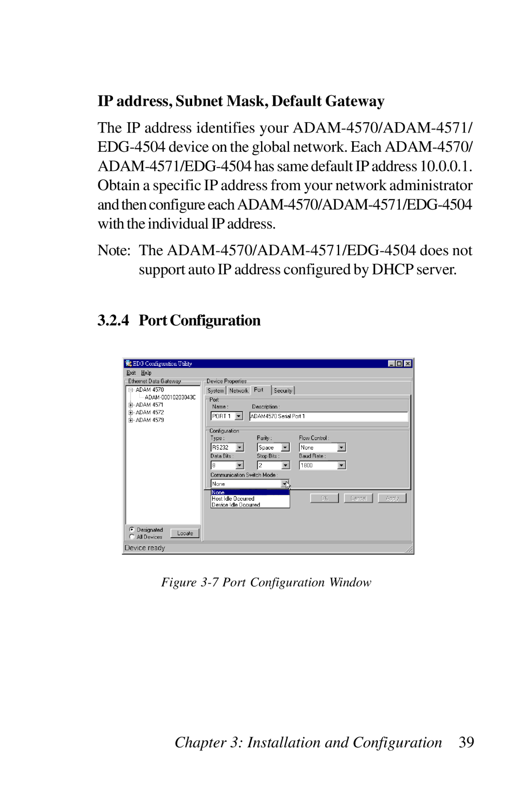 Advantech ADAM-4570, ADAM-4571, EDG-4504 user manual IP address, Subnet Mask, Default Gateway, Port Configuration 