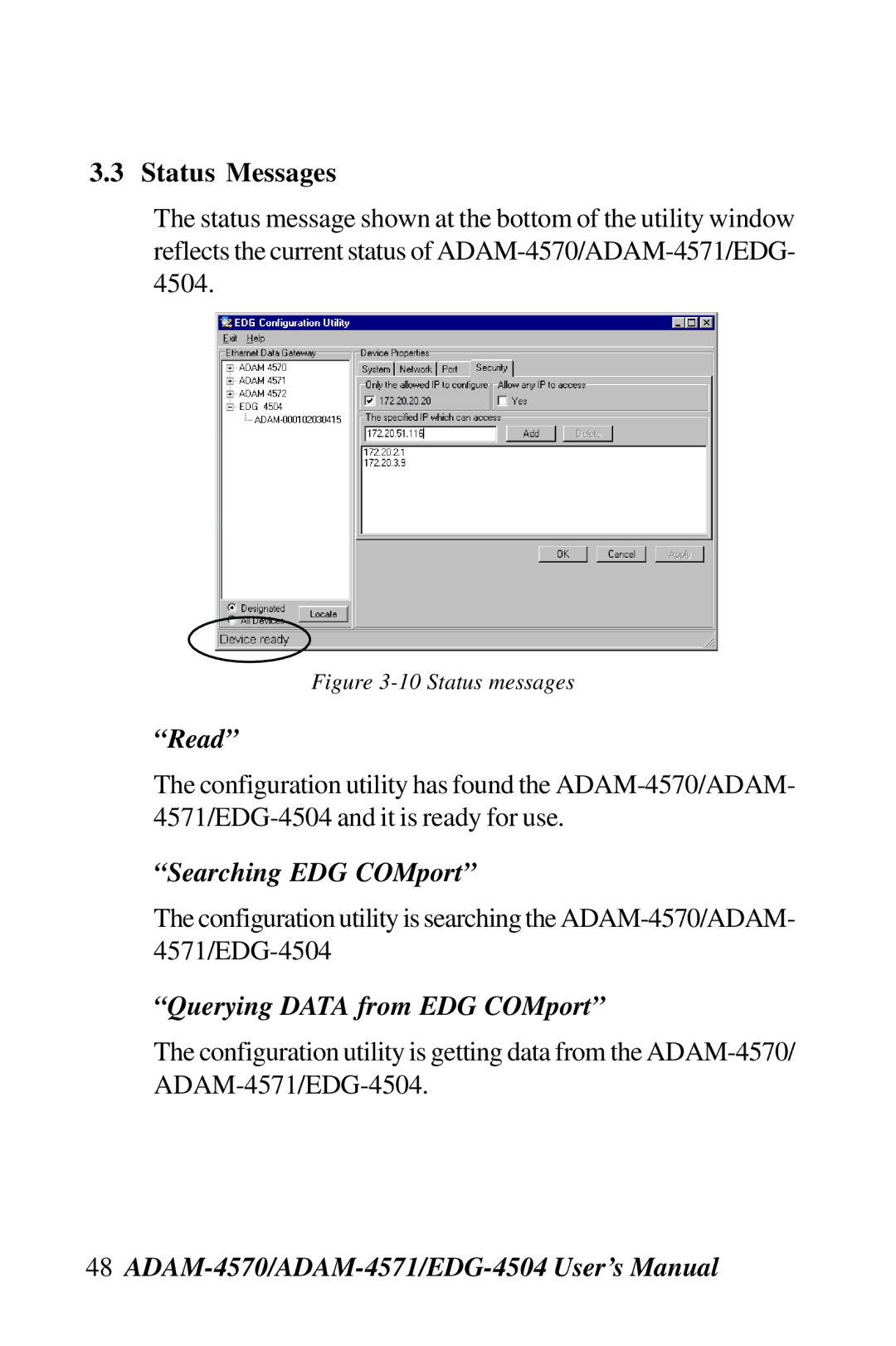 Advantech ADAM-4570, ADAM-4571, EDG-4504 user manual Status Messages, Status messages 