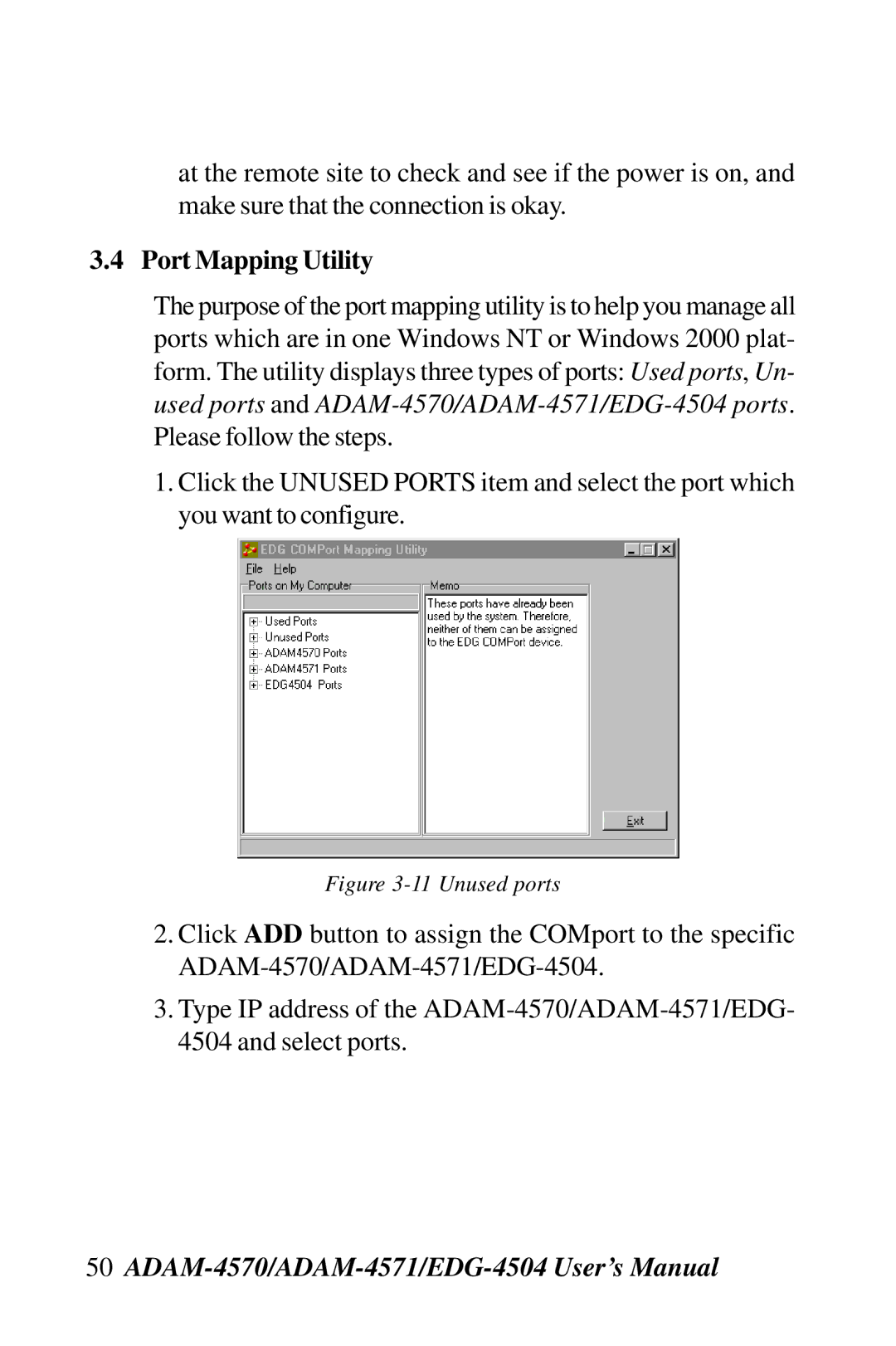 Advantech ADAM-4571, ADAM-4570, EDG-4504 user manual Port Mapping Utility, Unused ports 