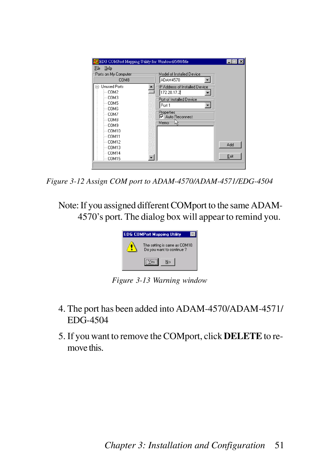 Advantech user manual Assign COM port to ADAM-4570/ADAM-4571/EDG-4504 