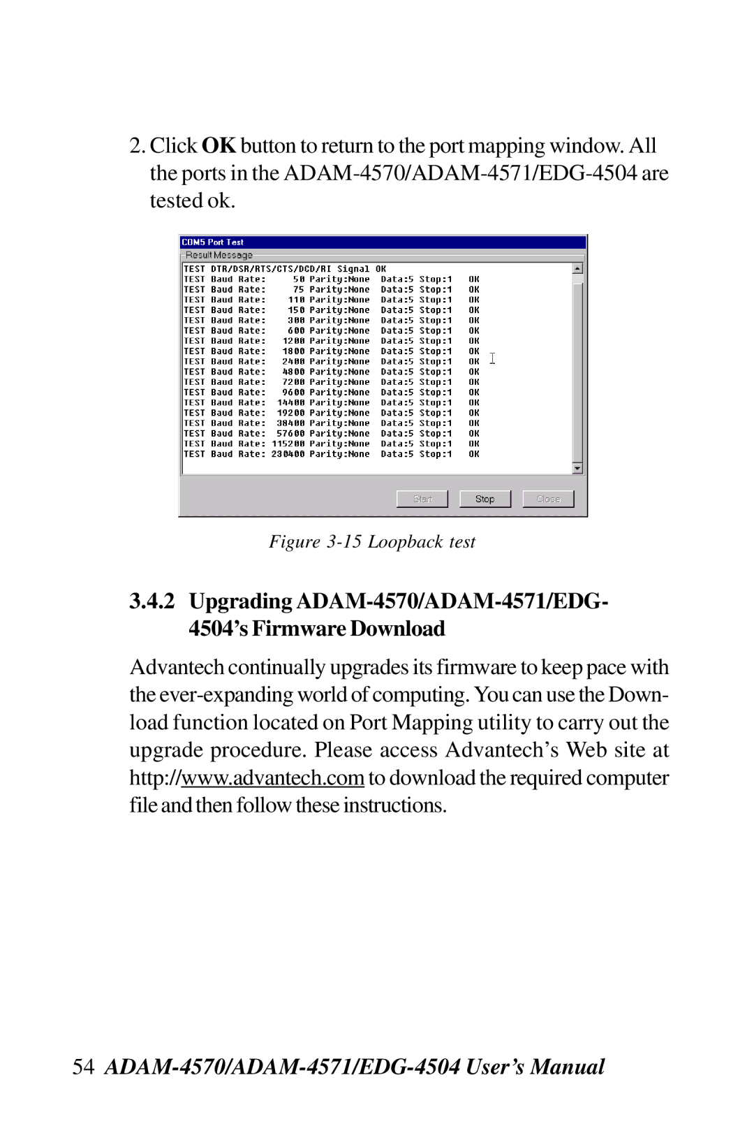 Advantech EDG-4504 user manual Upgrading ADAM-4570/ADAM-4571/EDG- 4504’s Firmware Download, Loopback test 