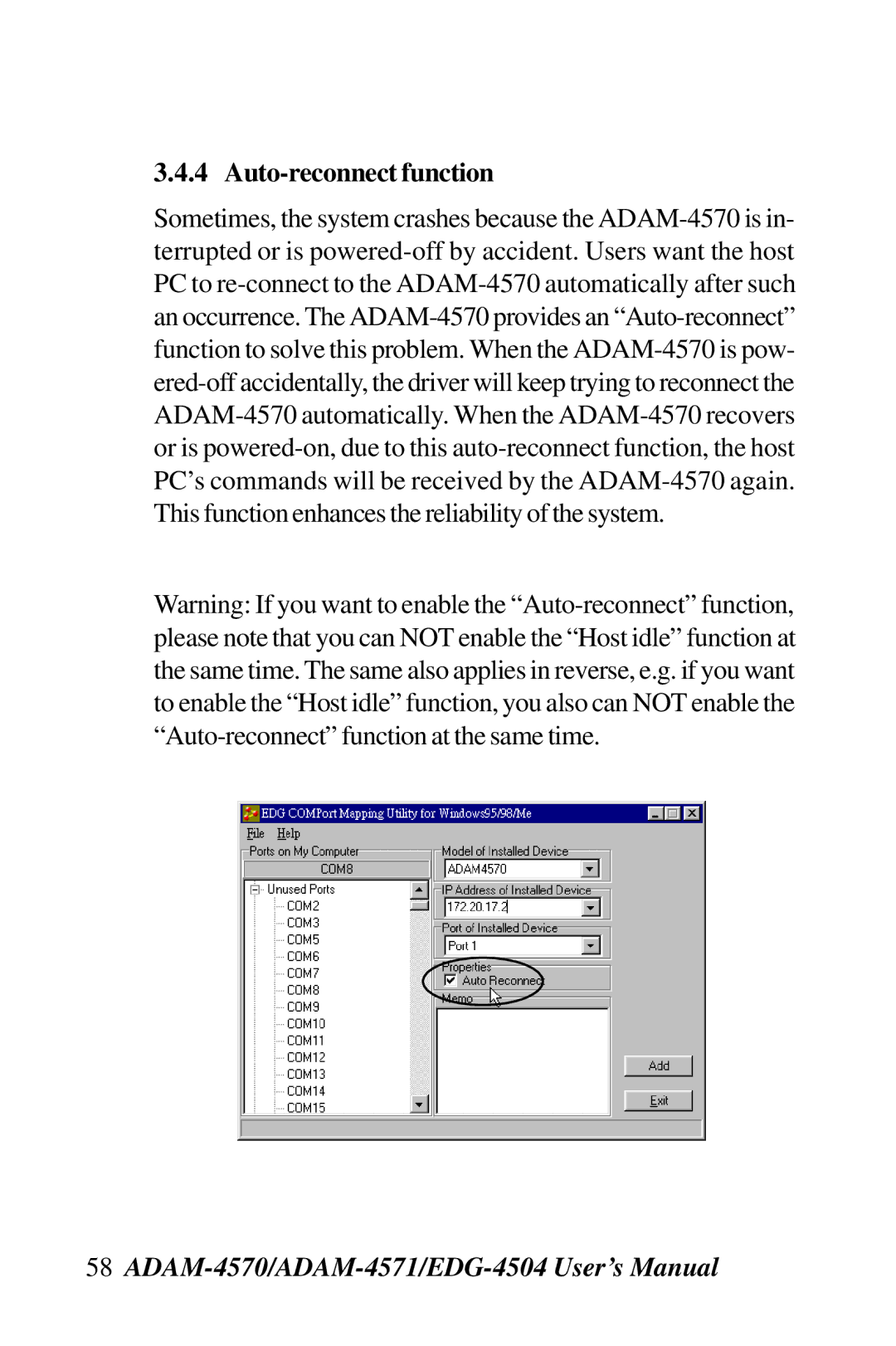 Advantech EDG-4504, ADAM-4571, ADAM-4570 user manual Auto-reconnect function 