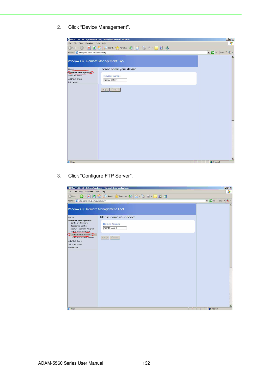 Advantech ADAM-5560 user manual Click Device Management Click Configure FTP Server 