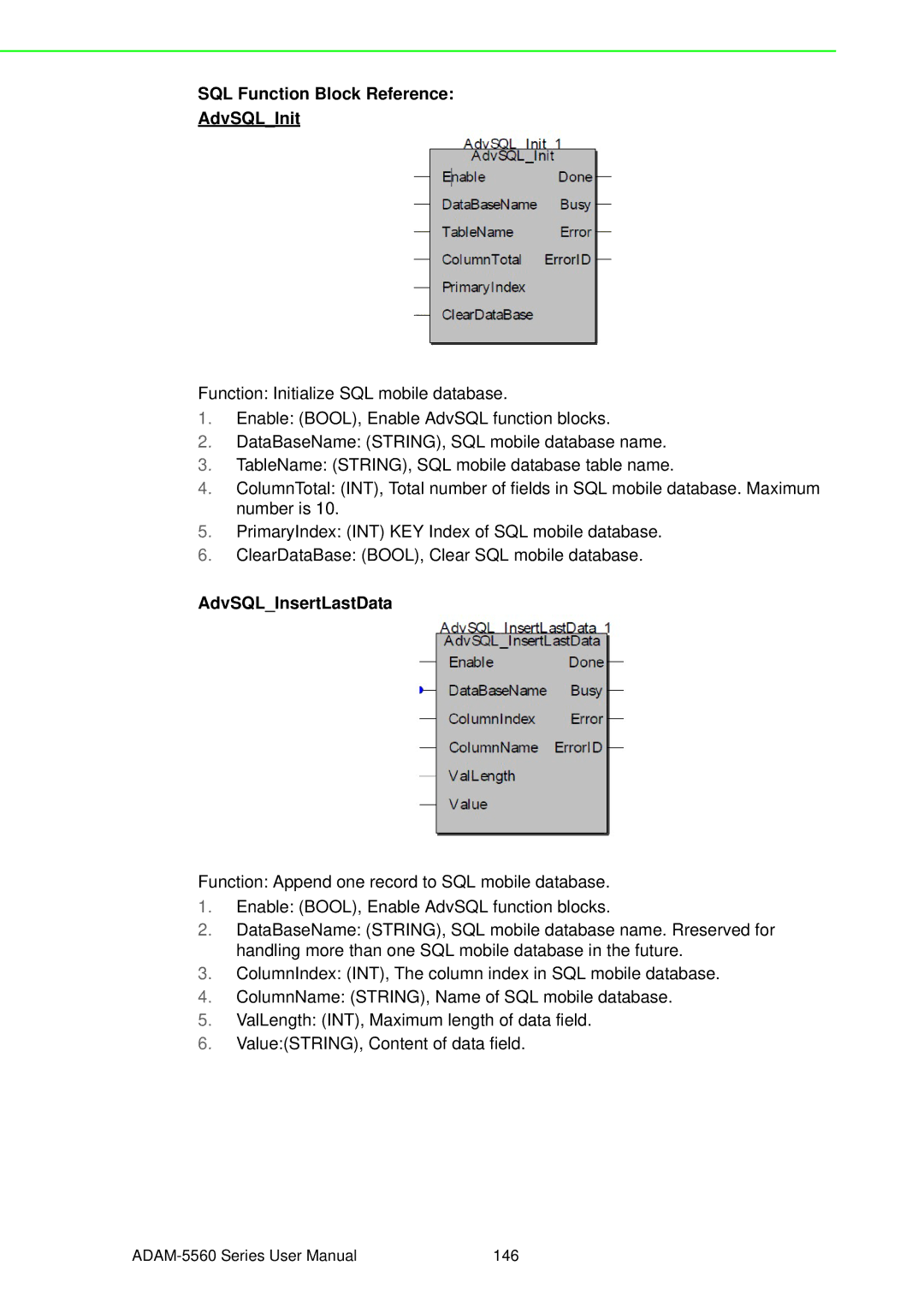 Advantech ADAM-5560 user manual SQL Function Block Reference AdvSQLInit 