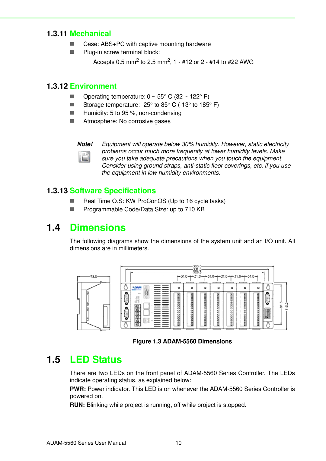 Advantech ADAM-5560 user manual Dimensions, LED Status, Mechanical, Environment, Software Specifications 